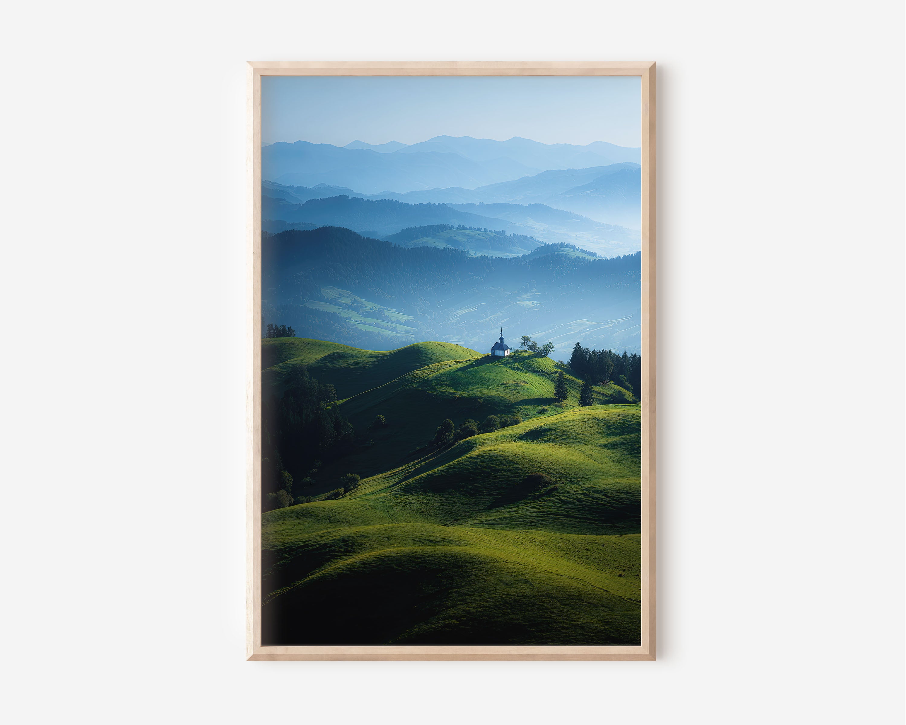 Slovenia Green Hills Chapel Print | Jamnik Church Rolling Hills Wall Art | Slovenian Alps Blue Haze Landscape Photography Poster