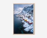 Nusfjord Lofoten Winter Aerial Wall Art Print | Norway Colourful Fishing Village Photography | Red Yellow Rorbuer Arctic Poster