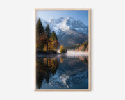 Bavarian Alps Autumn Lake Reflection Print | Lake Ferchensee Germany Wall Art | German Alps First Snow Autumn Mist Lake Landscape Photography Poster