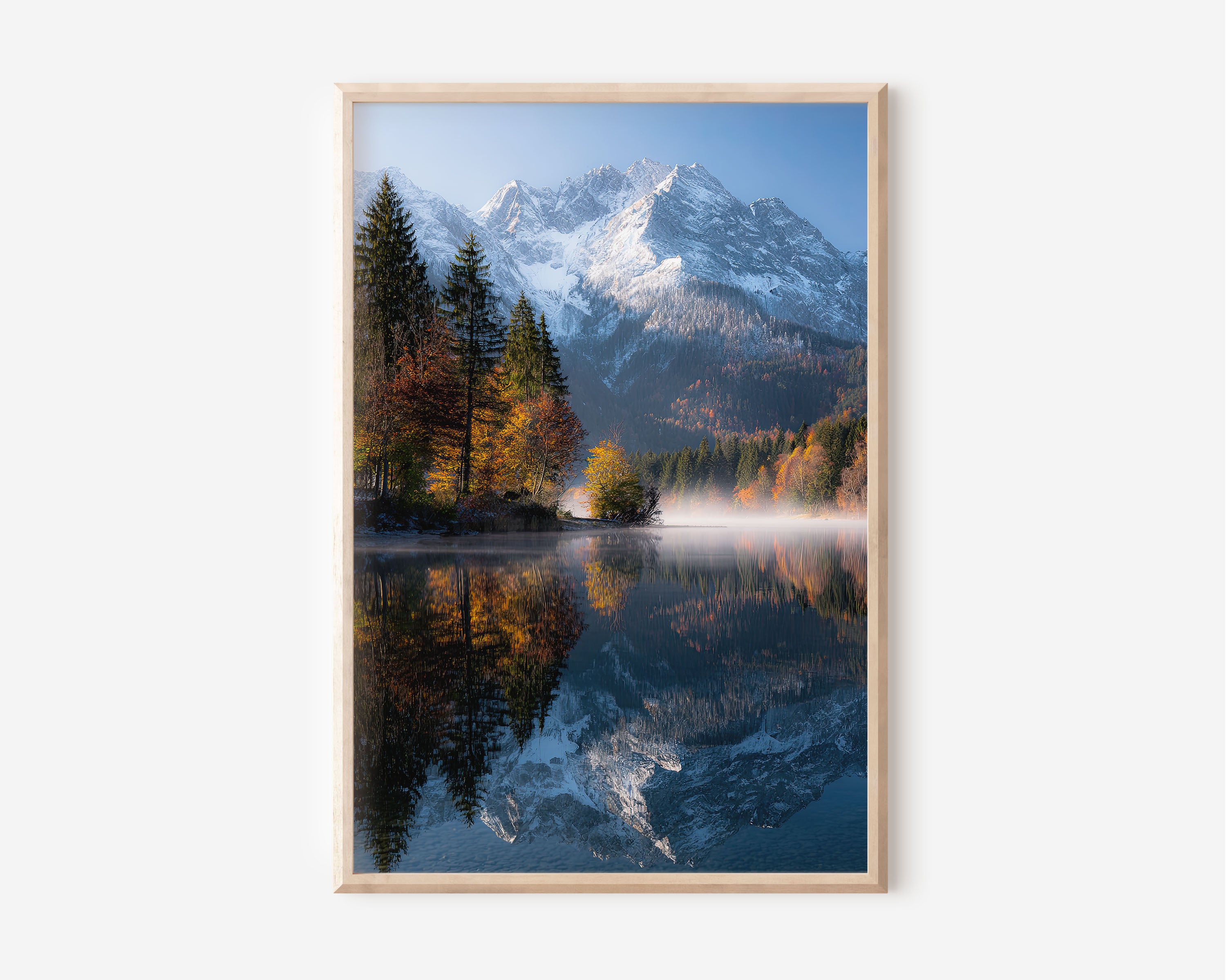 Bavarian Alps Autumn Lake Reflection Print | Lake Ferchensee Germany Wall Art | German Alps First Snow Autumn Mist Lake Landscape Photography Poster