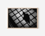Overhead Figure Glass Pavement Print | Black and White Urban Street Wall Art | City Shadow Photography