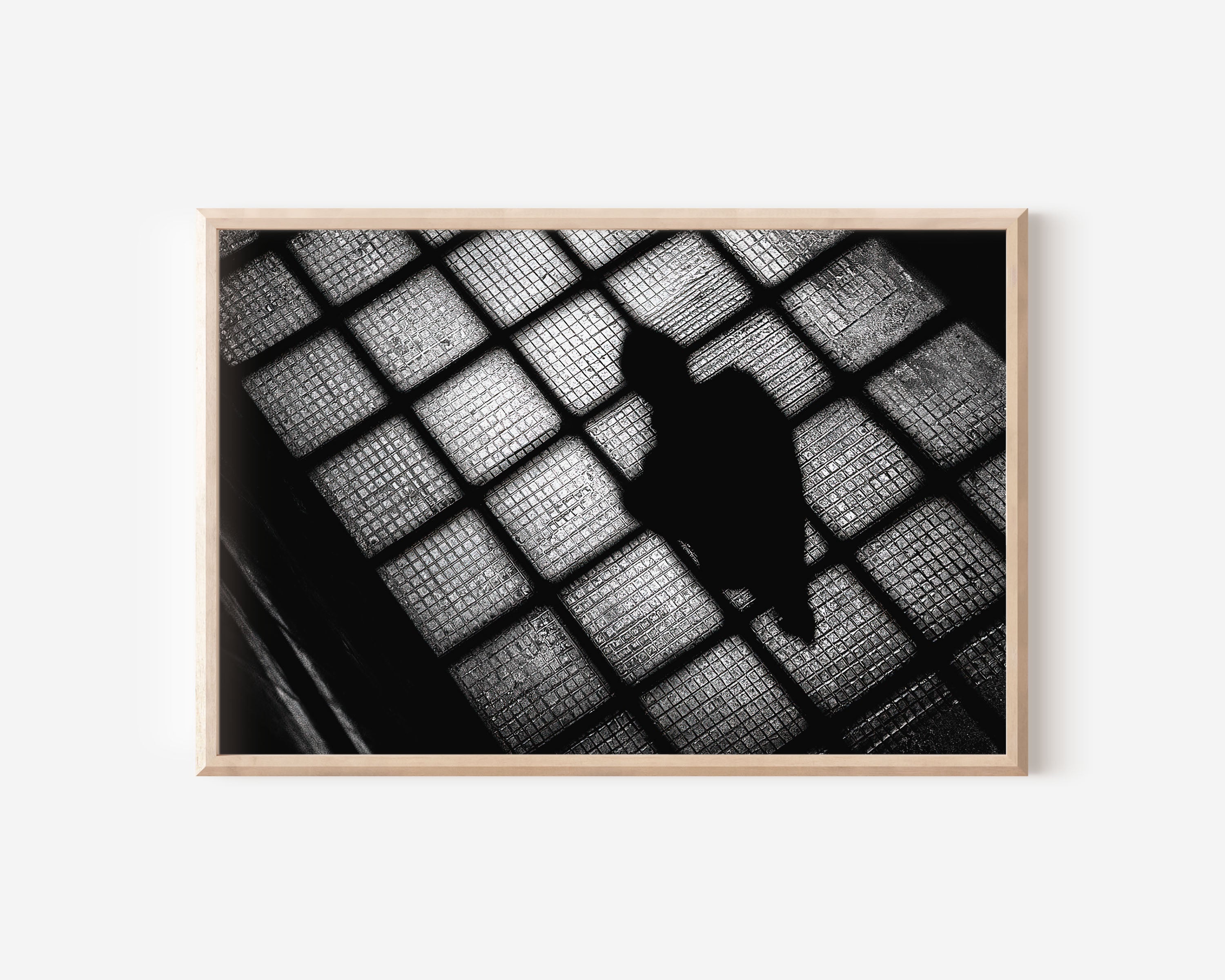 Overhead Figure Glass Pavement Print | Black and White Urban Street Wall Art | City Shadow Photography