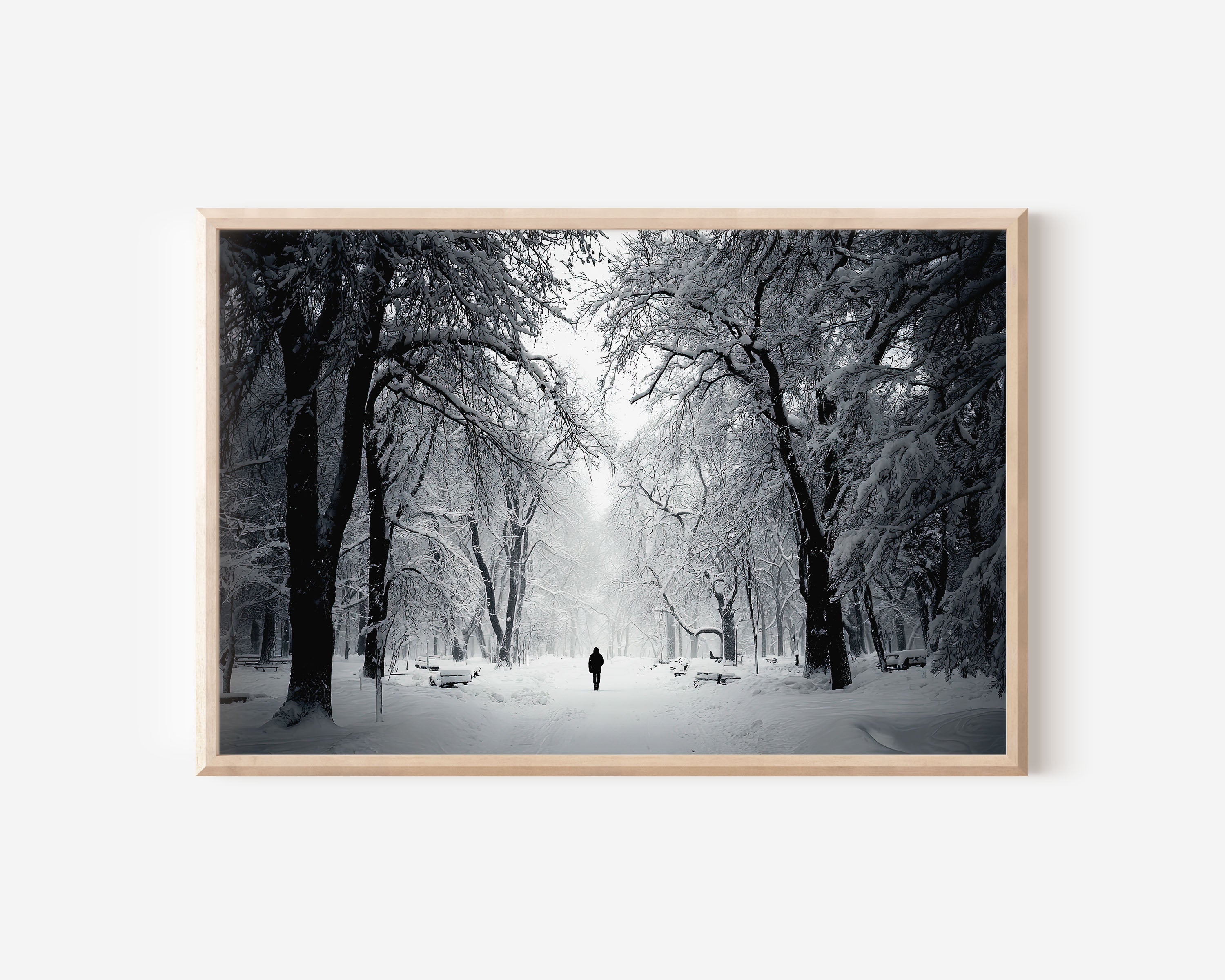 Lone Figure in Snow-Covered Winter Park | Black & White Fine Art Photography Print