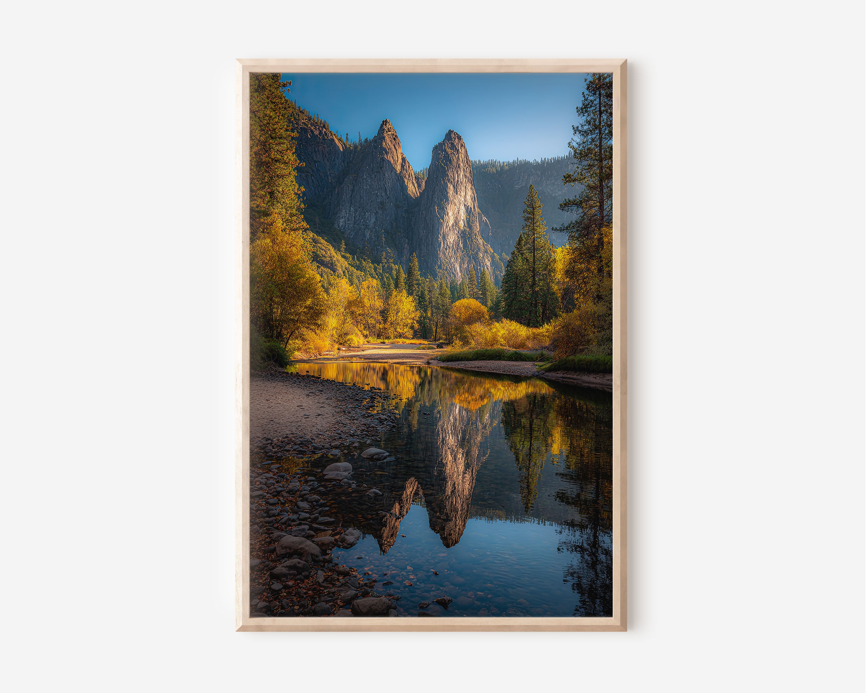 Sentinel Rock Yosemite Autumn Reflection Print | Yosemite Valley Fall River Wall Art | Merced River Golden Autumn Spires Landscape Photography Poster