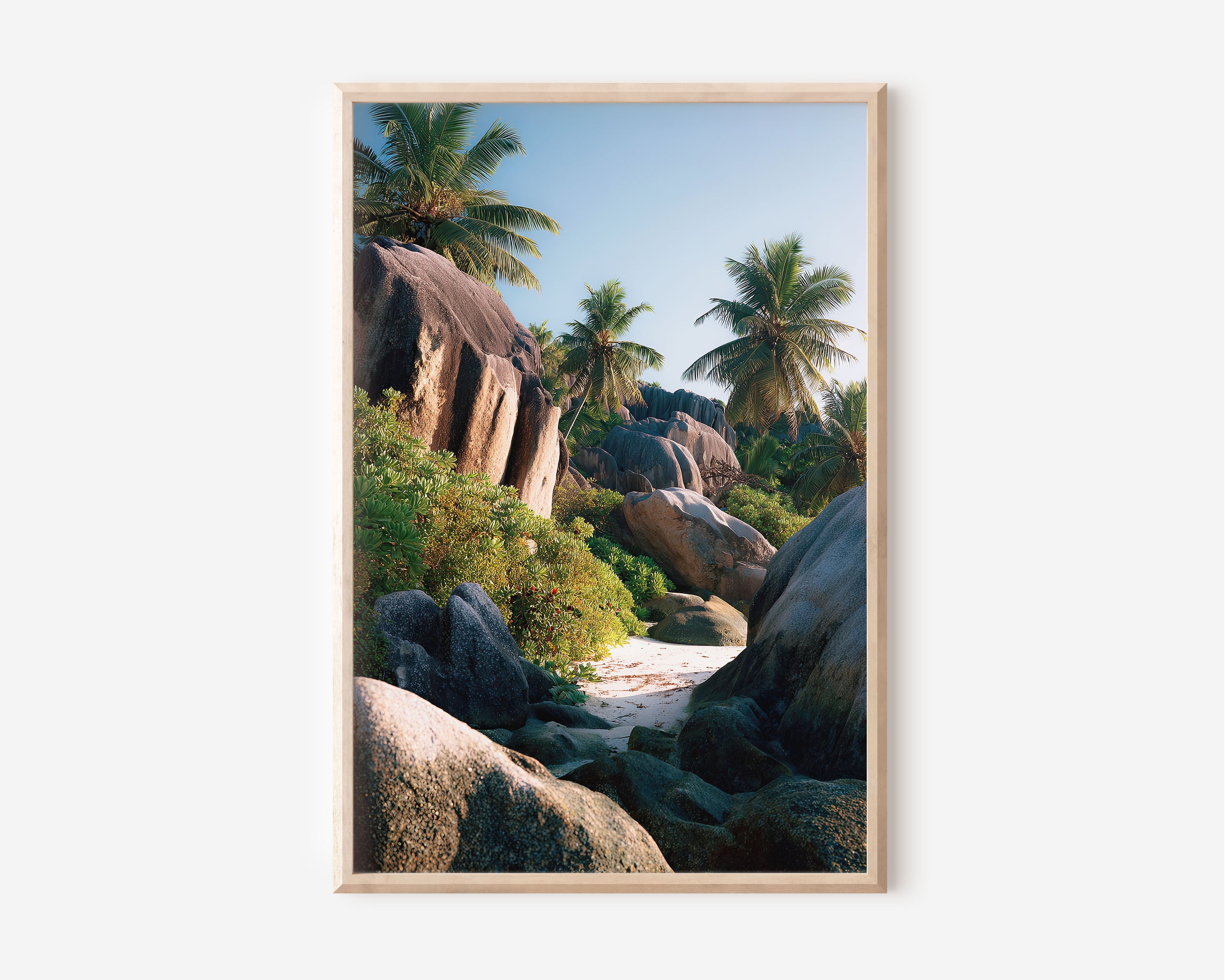 Seychelles Granite Boulders Wall Art Print | La Digue Anse Source d'Argent Beach Palm Tree Photography | Indian Ocean Travel Poster | Tropical Coastal Home Decor