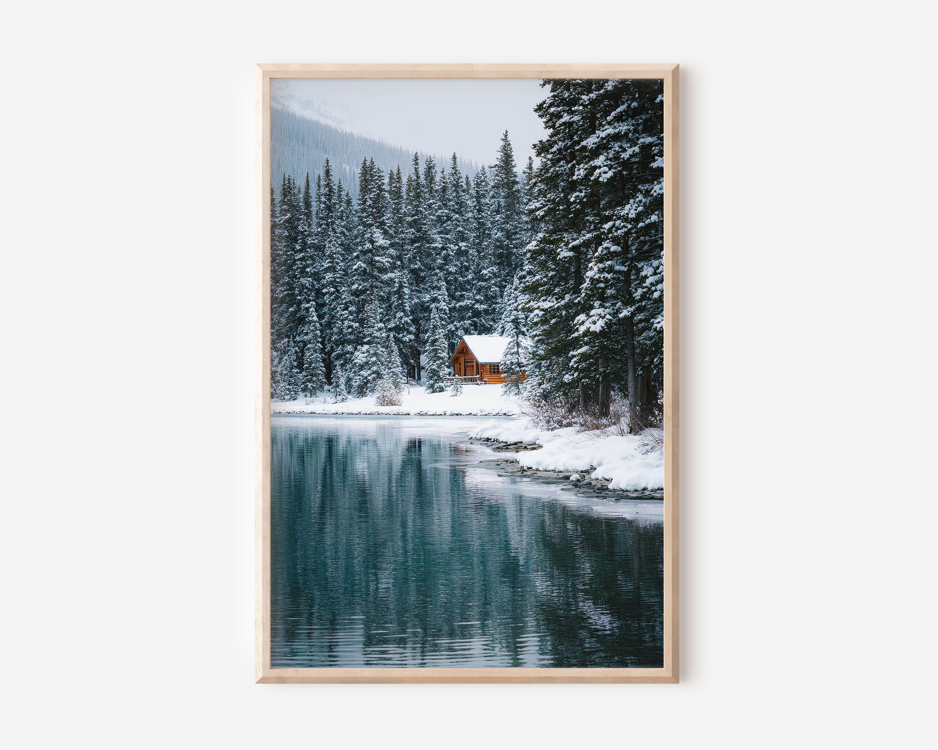 Winter Cabin Lakeside Print | Snow Forest Log Cabin Wall Art | Canadian Rockies Lake Photography