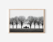 Lone Figure on Park Bench Between Bare Winter Trees | Minimalist Black & White Fine Art Print