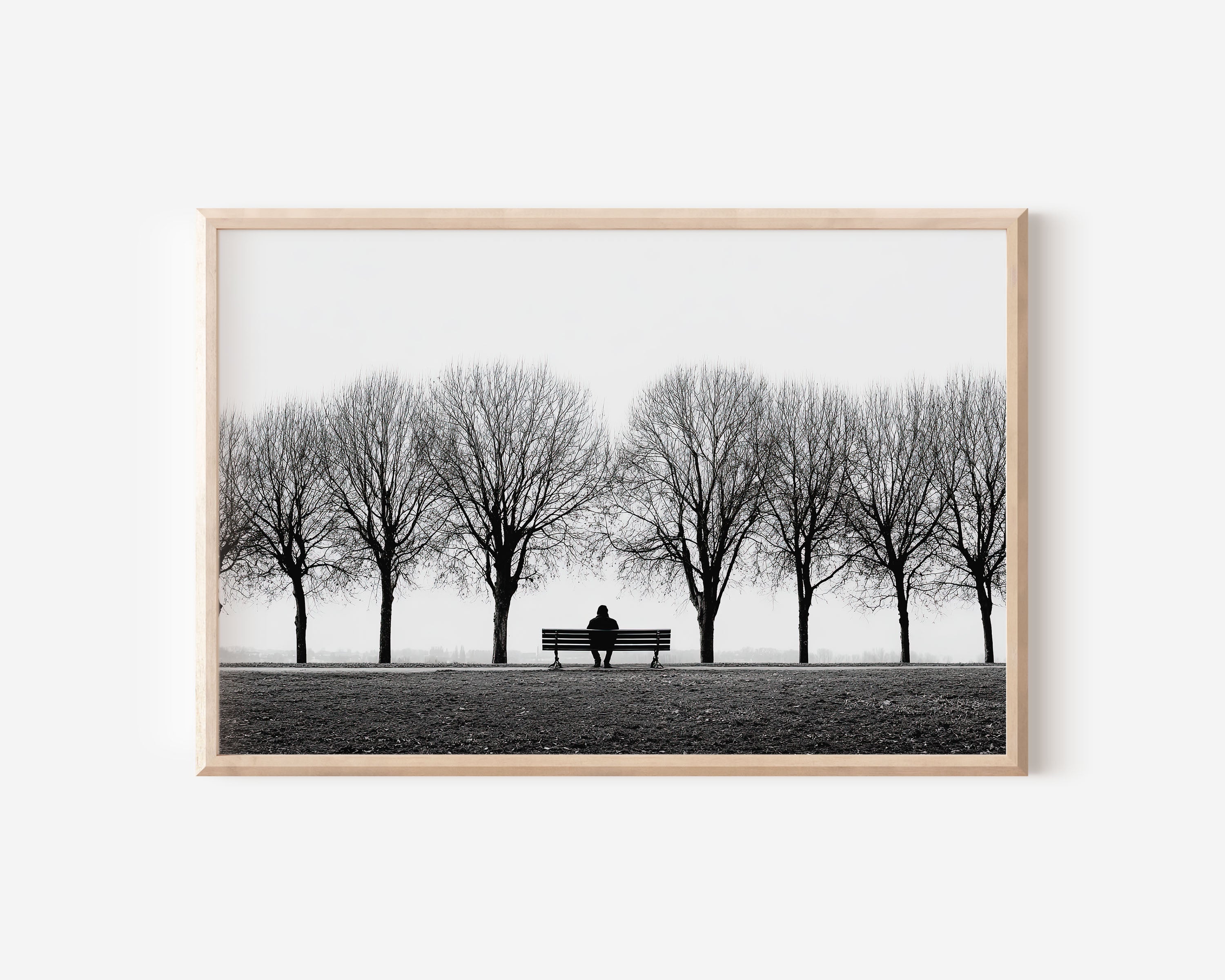 Lone Figure on Park Bench Between Bare Winter Trees | Minimalist Black & White Fine Art Print