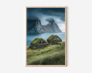 Nordic Turf Roof Cottages Print | Lofoten Islands Norway Wall Art | Moody Coastal Landscape Photography Poster