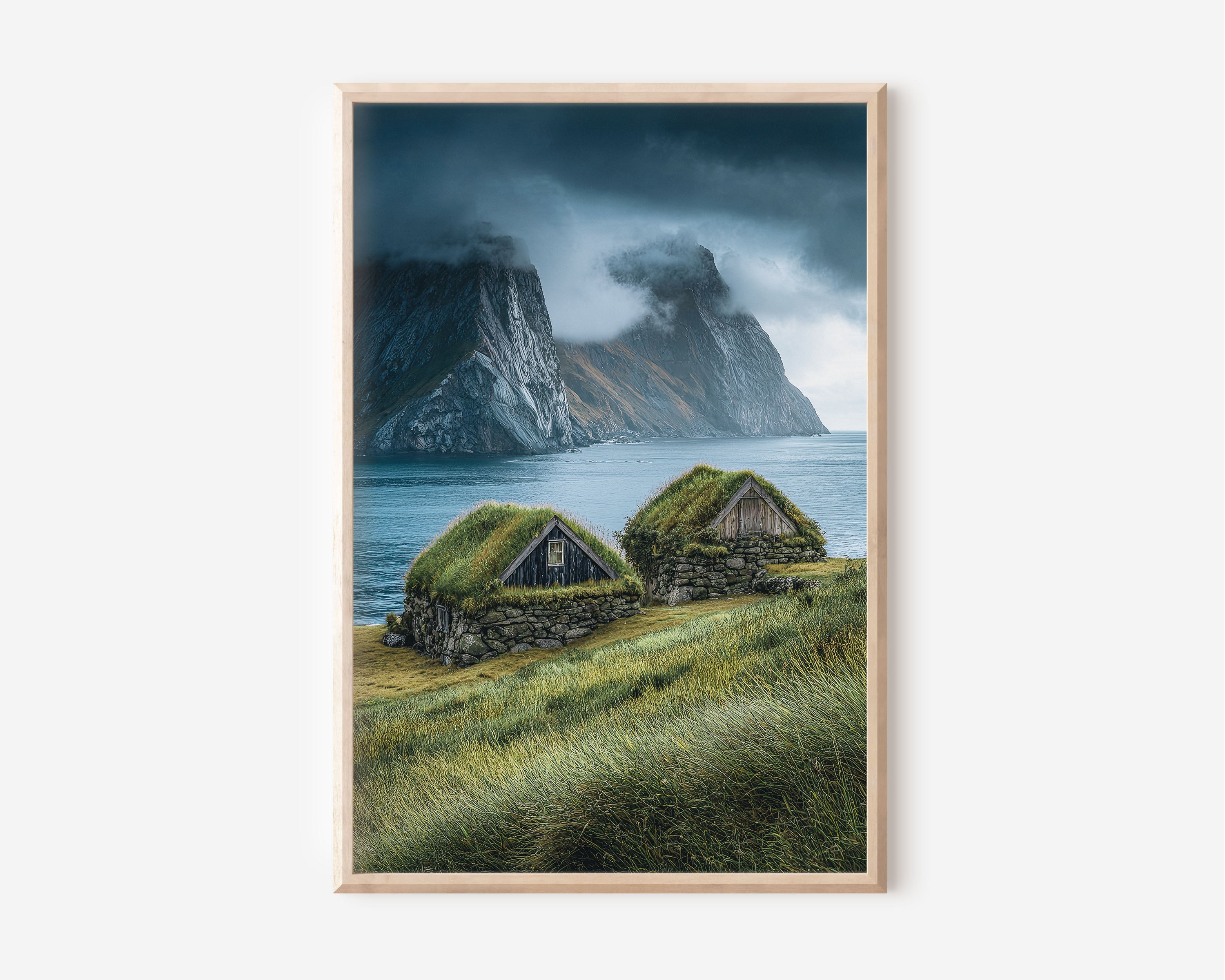 Nordic Turf Roof Cottages Print | Lofoten Islands Norway Wall Art | Moody Coastal Landscape Photography Poster