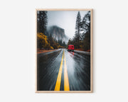 Yosemite Valley Rainy Road Trip Print | El Capitan Van Life Wall Art | Yosemite Autumn Wet Road Red Van Photography Poster