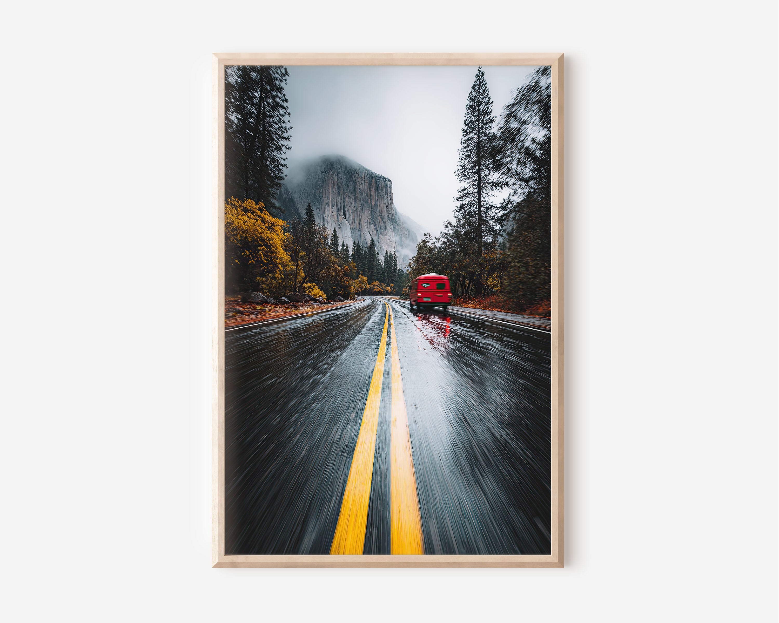 Yosemite Valley Rainy Road Trip Print | El Capitan Van Life Wall Art | Yosemite Autumn Wet Road Red Van Photography Poster