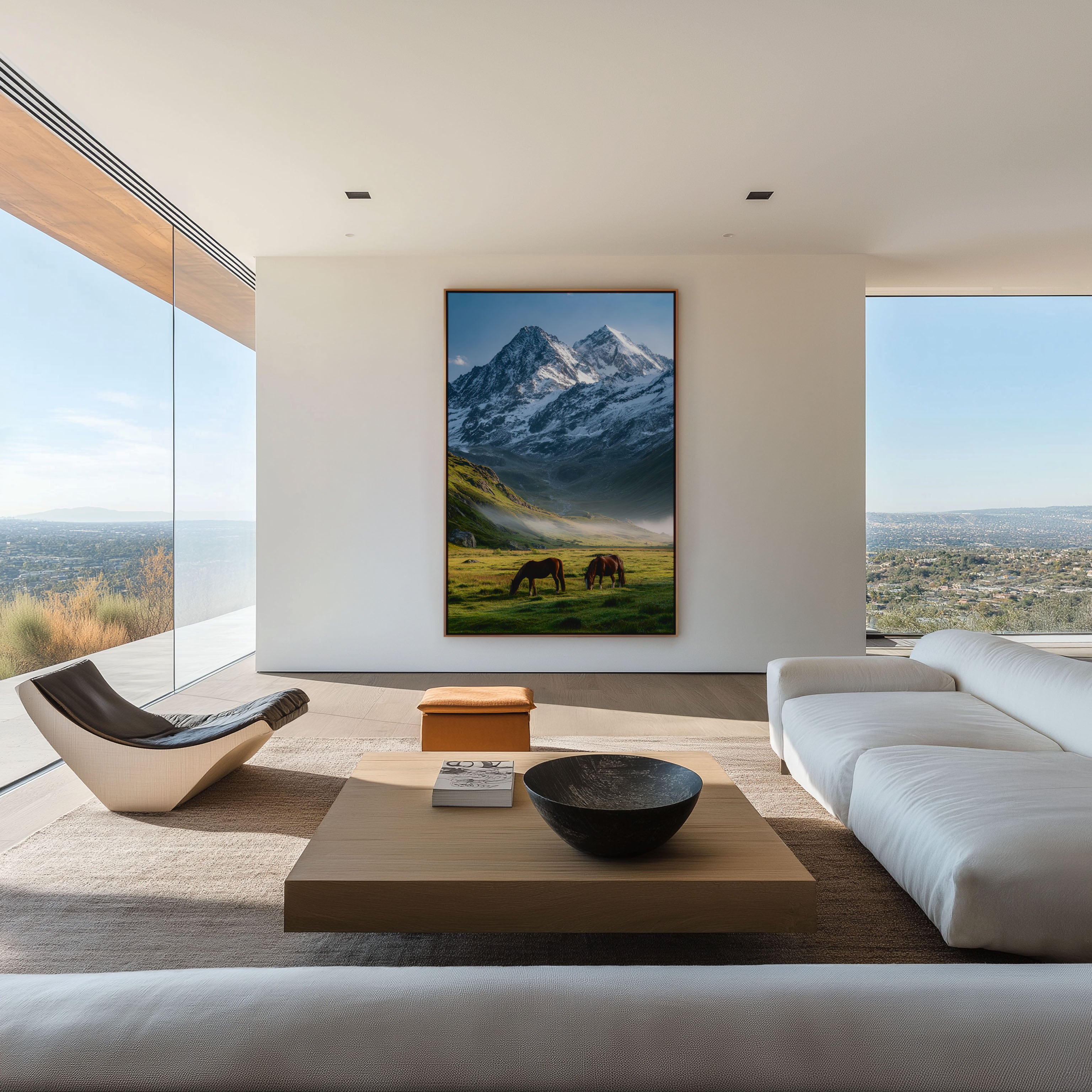 Two Horses Alpine Valley Print | Mountain Meadow Horse Wall Art | Snow Peak Landscape Photography