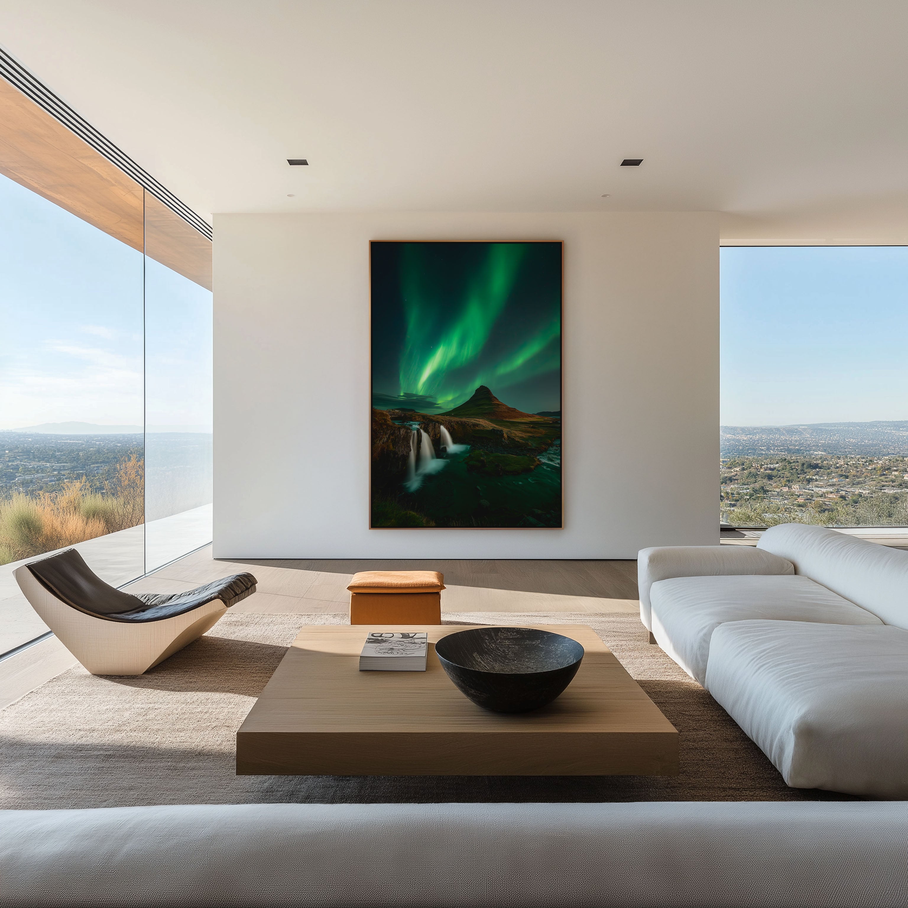 Kirkjufell Aurora Wide View Wall Art Print | Iceland Northern Lights Waterfall Photography | Green Night Sky Nordic Poster