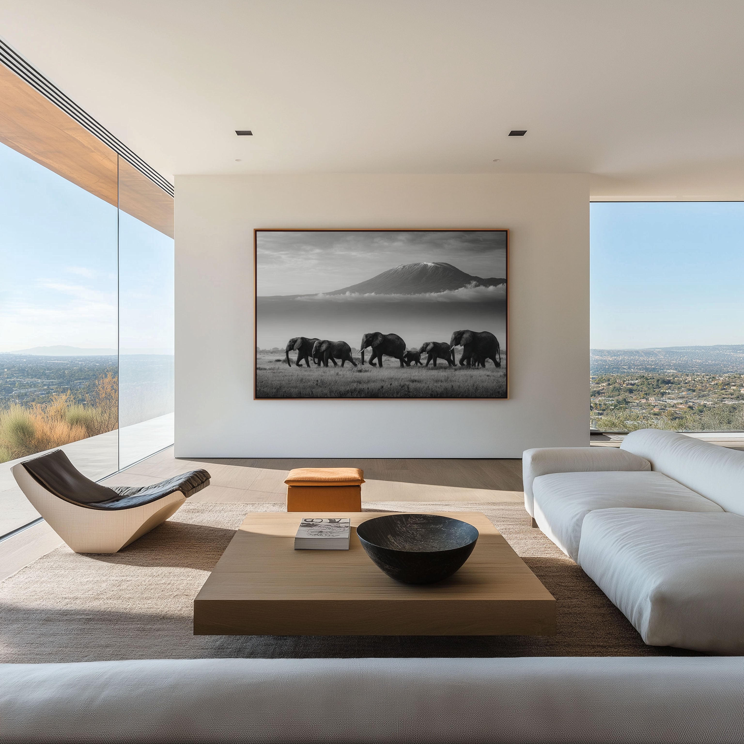 Elephants Under Mount Kilimanjaro Black & White Wall Art