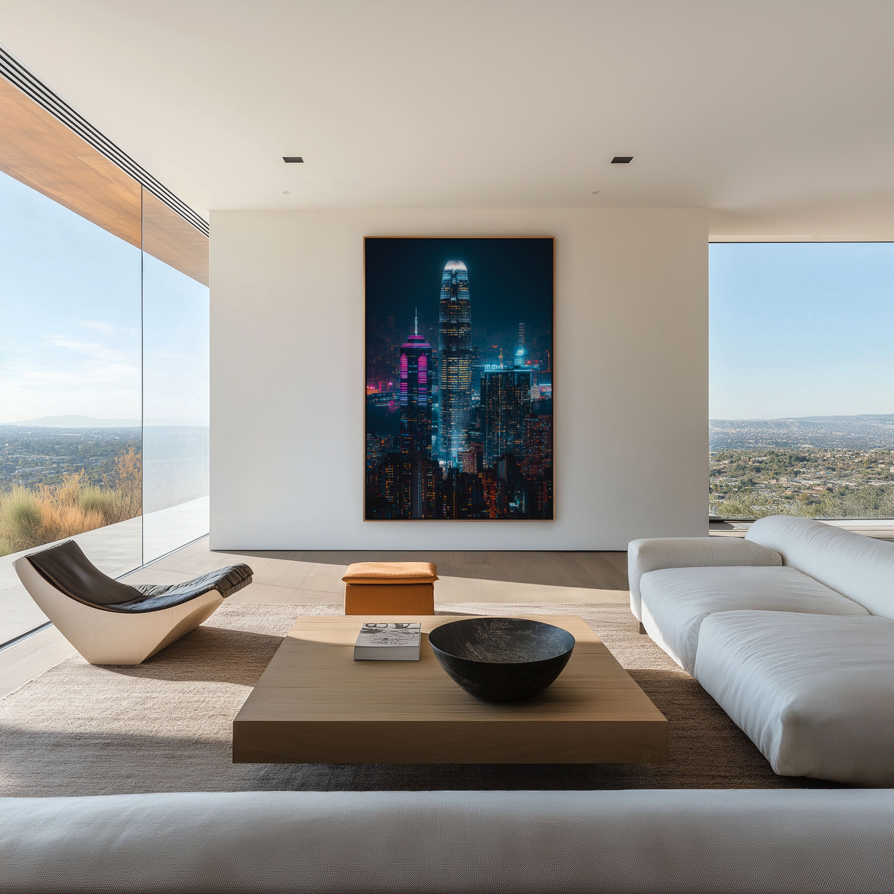 Hong Kong Night Skyline Wall Art | Two IFC Victoria Harbour Neon Print | City Lights Photography Poster