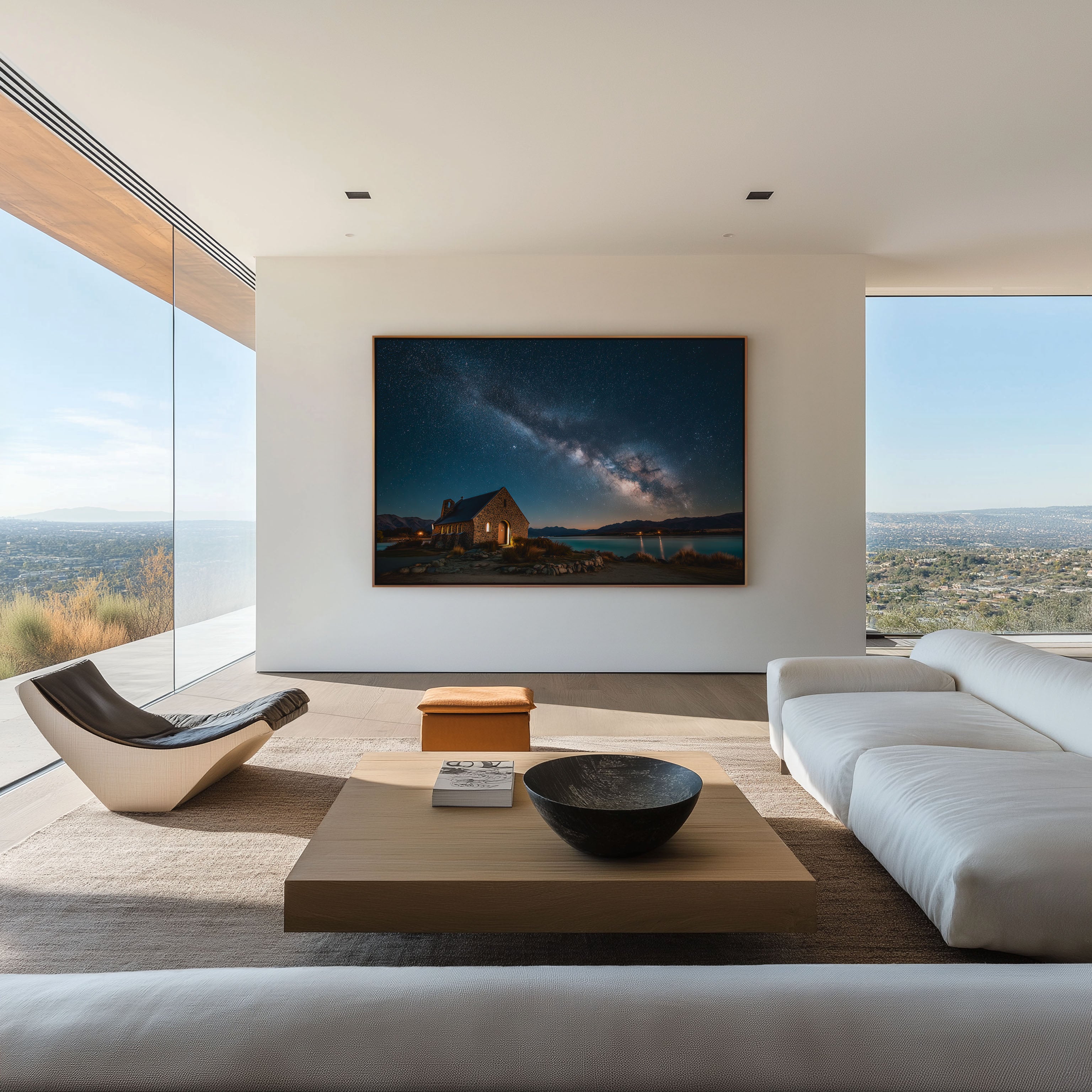 Milky Way Over Lake Church Wall Art – Starry Night Chapel Landscape