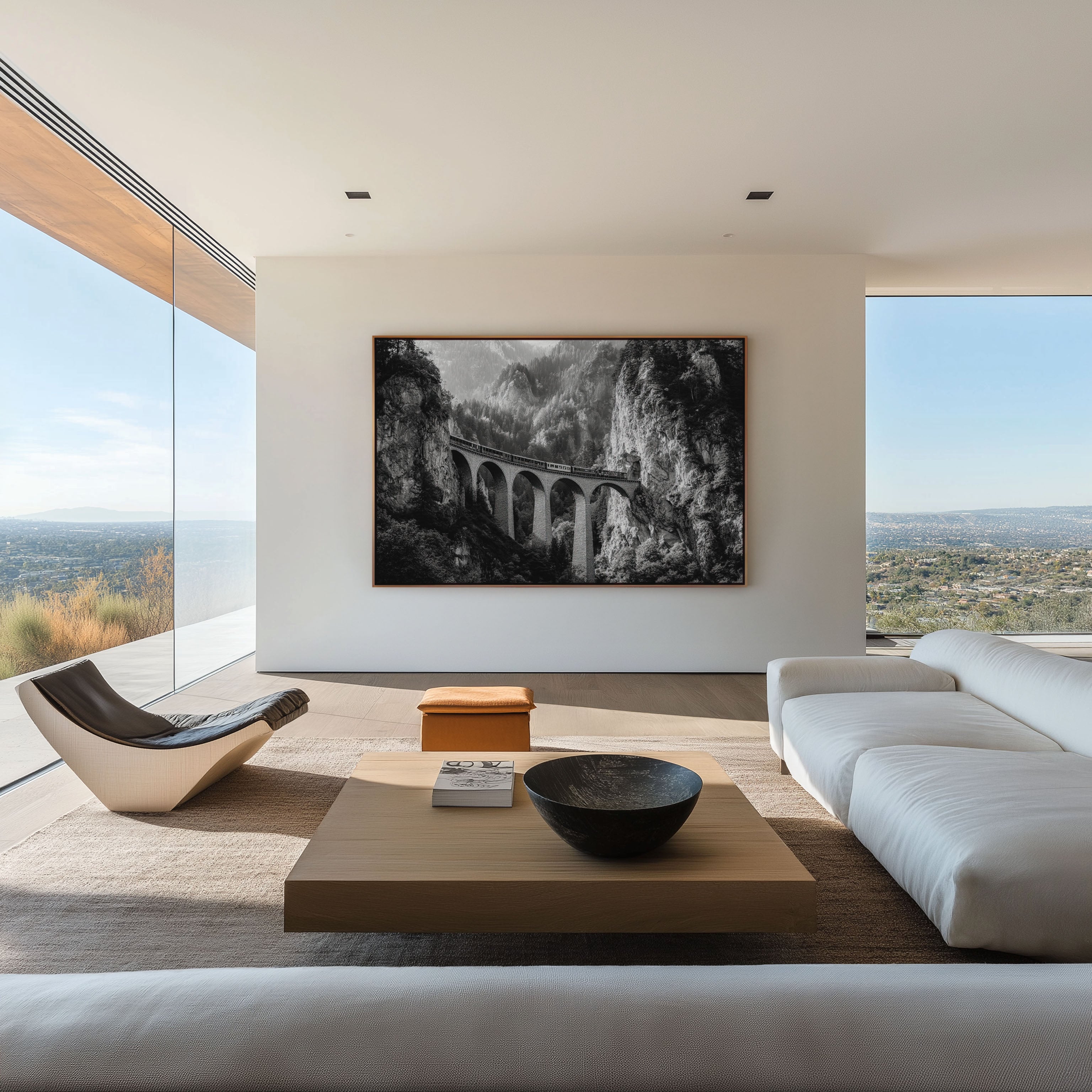 Swiss Alps Train Bridge Black & White Wall Art
