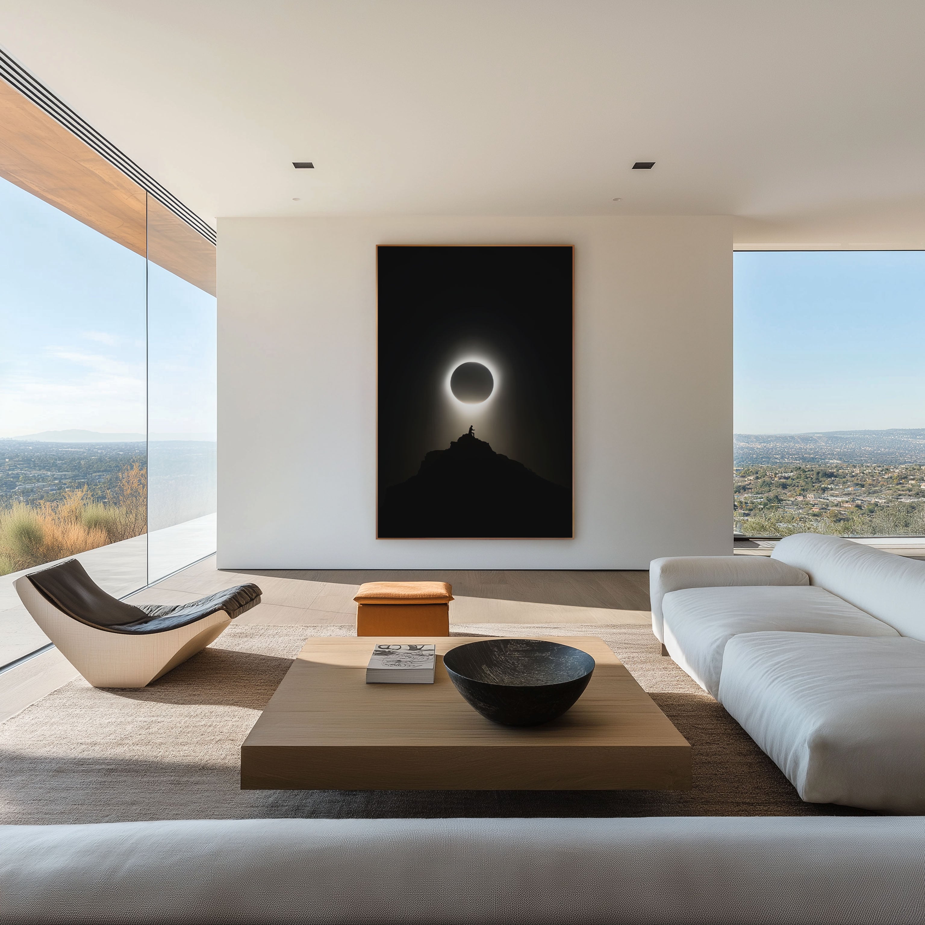 Total Solar Eclipse Print | Silhouette on Mountain Peak Wall Art | Black and White Celestial Poster | Minimalist Night Sky Print