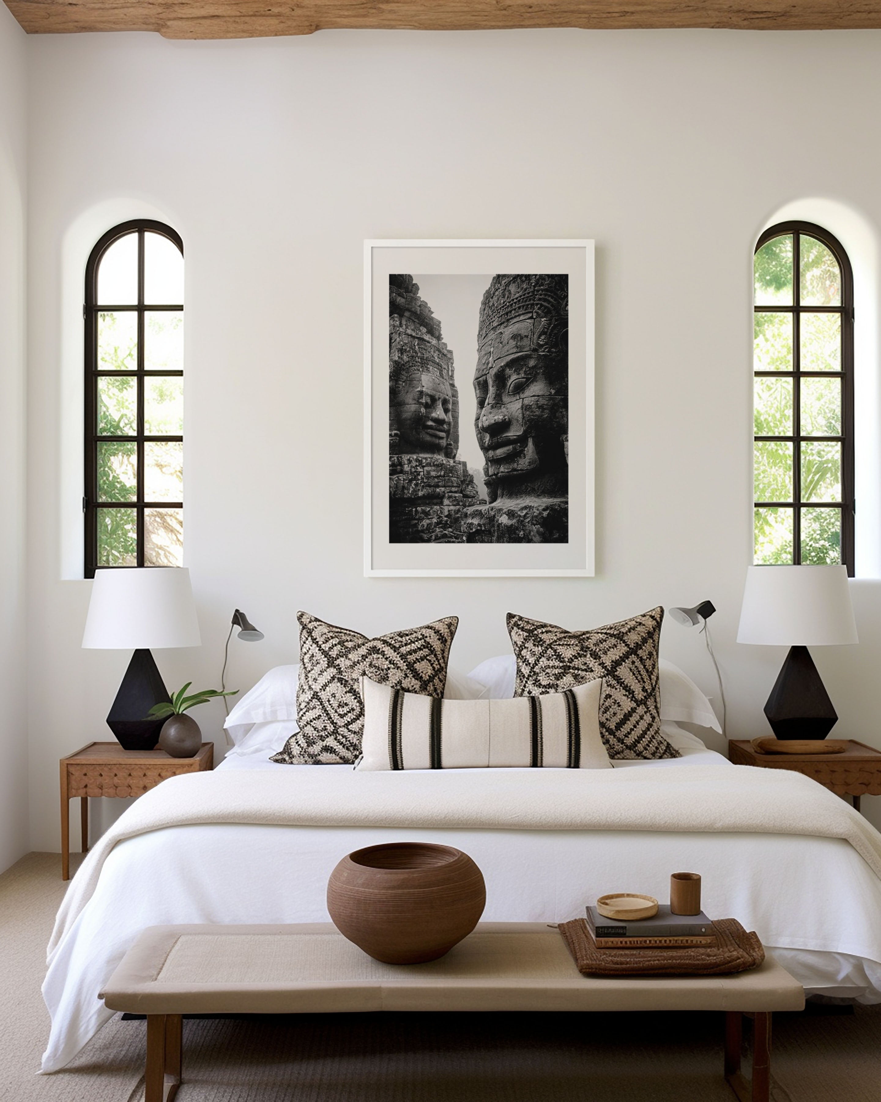Angkor Thom Bayon Faces Wall Art Print | Cambodia Ancient Temple Stone Sculpture Black White Photography | Southeast Asia Travel Poster | Bold Spiritual Home Decor