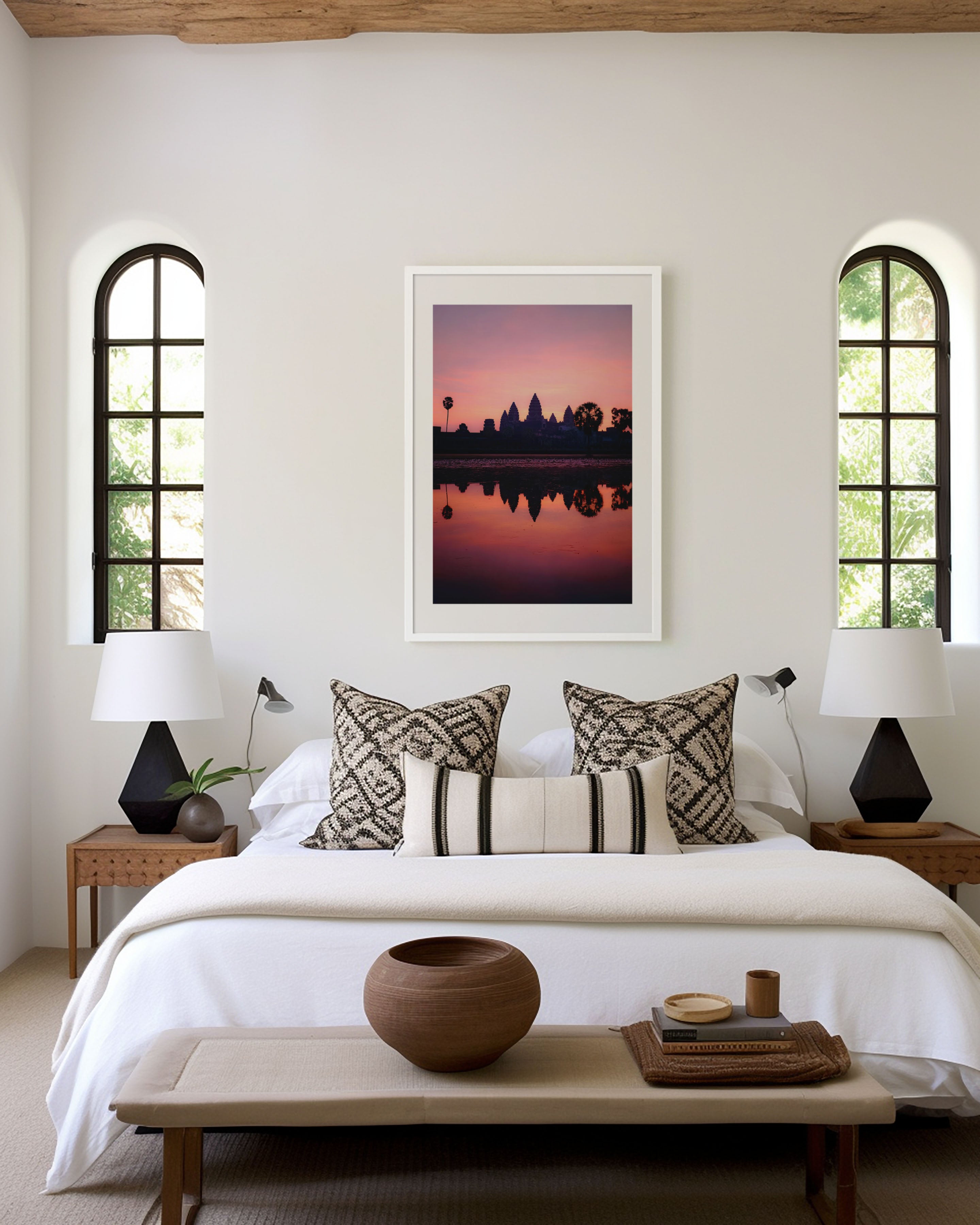 Angkor Wat Sunrise Wall Art – Cambodia Temple Reflection Canvas Print, Pink Sky Landscape Decor