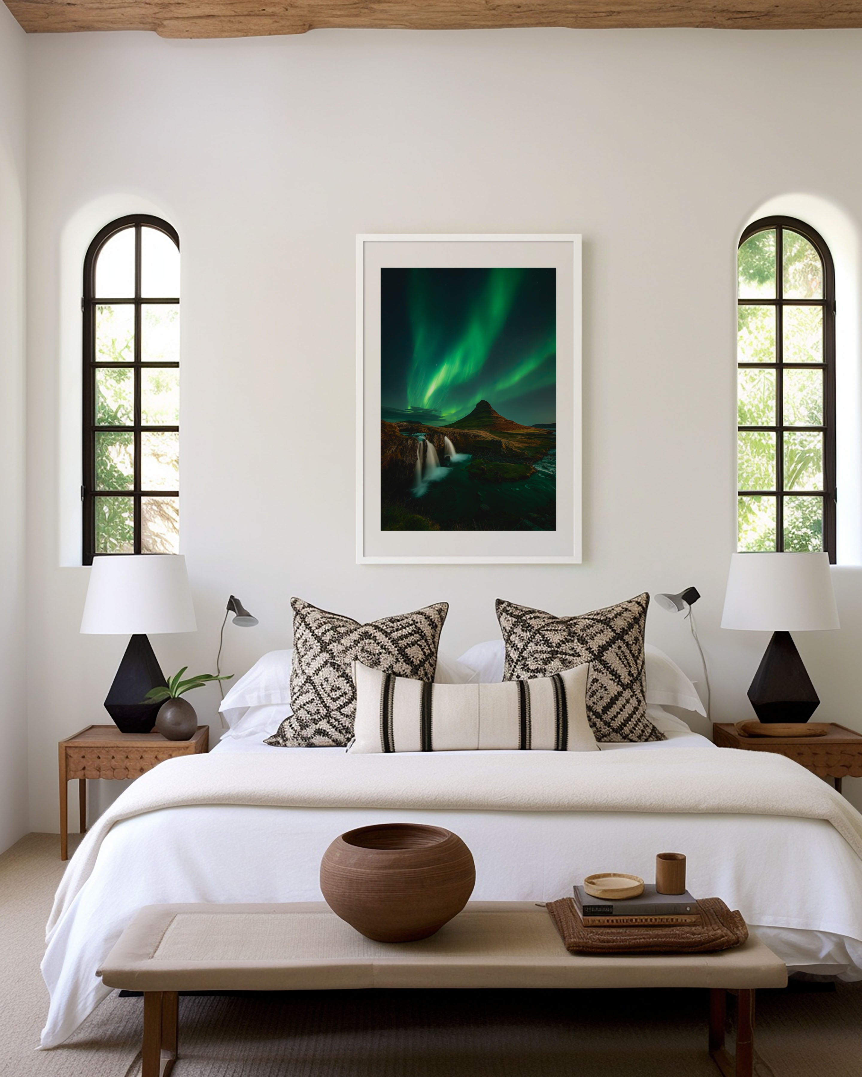 Kirkjufell Aurora Wide View Wall Art Print | Iceland Northern Lights Waterfall Photography | Green Night Sky Nordic Poster