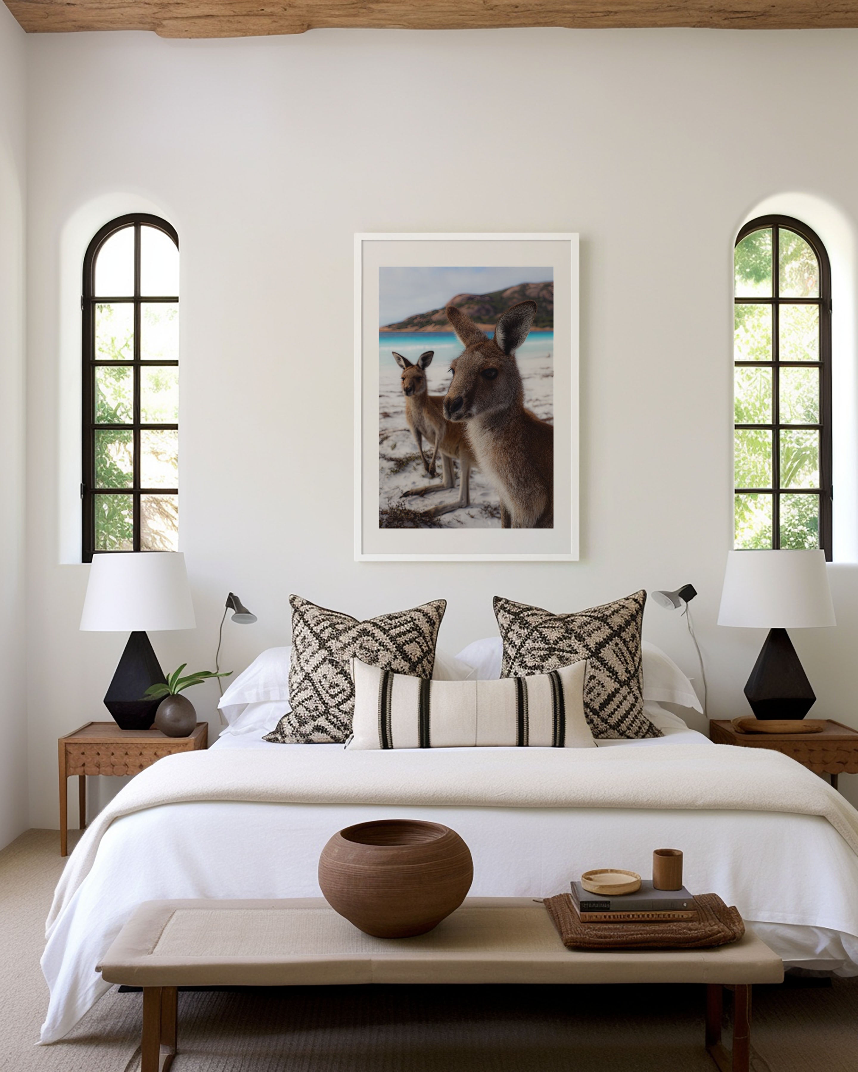 Australian Kangaroo Beach Wall Art Print – Coastal Wildlife Canvas & Framed Art, Ocean Landscape Decor