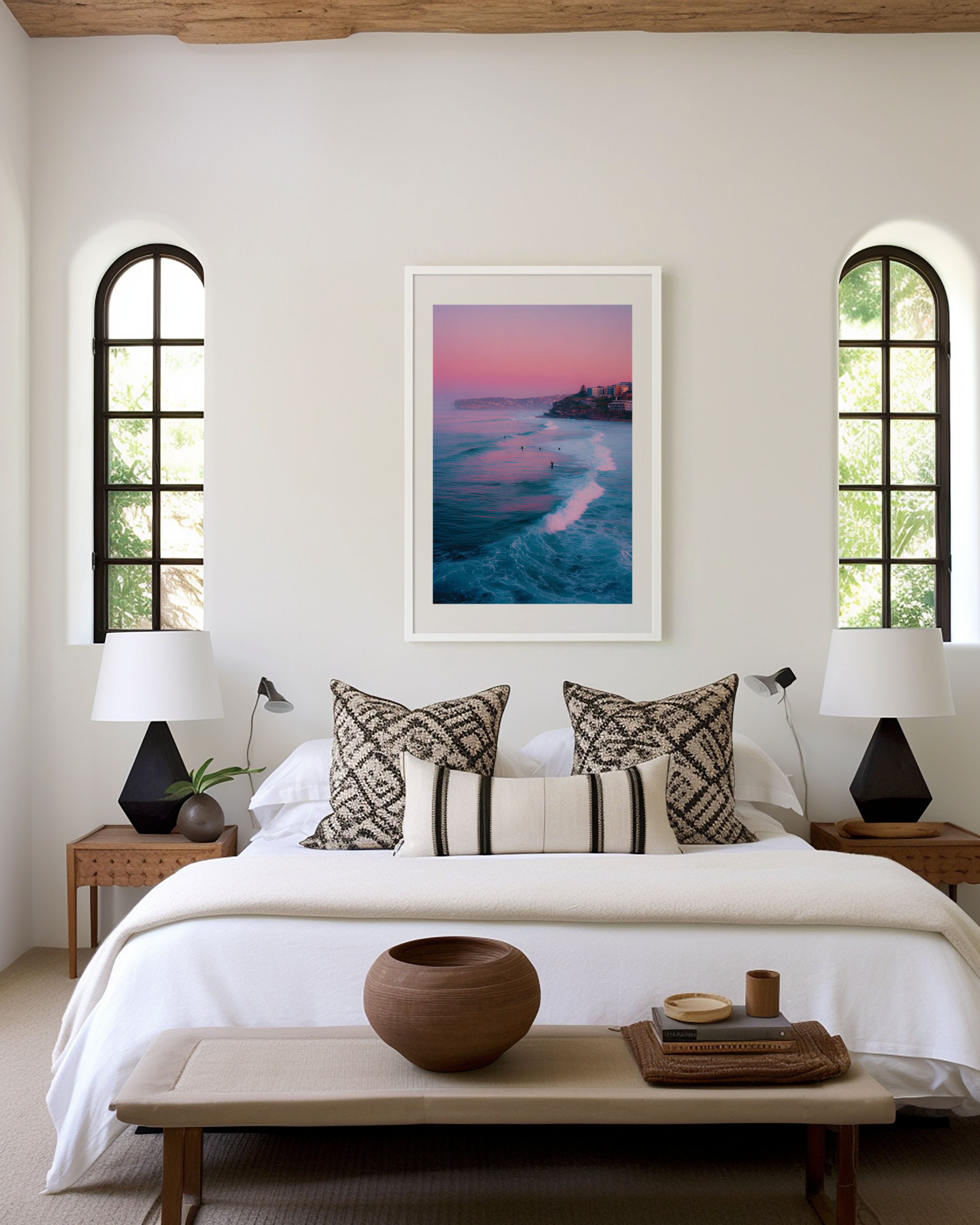 Bondi Beach Surfers Wall Art Print | Pink Sunrise Coastal Photography