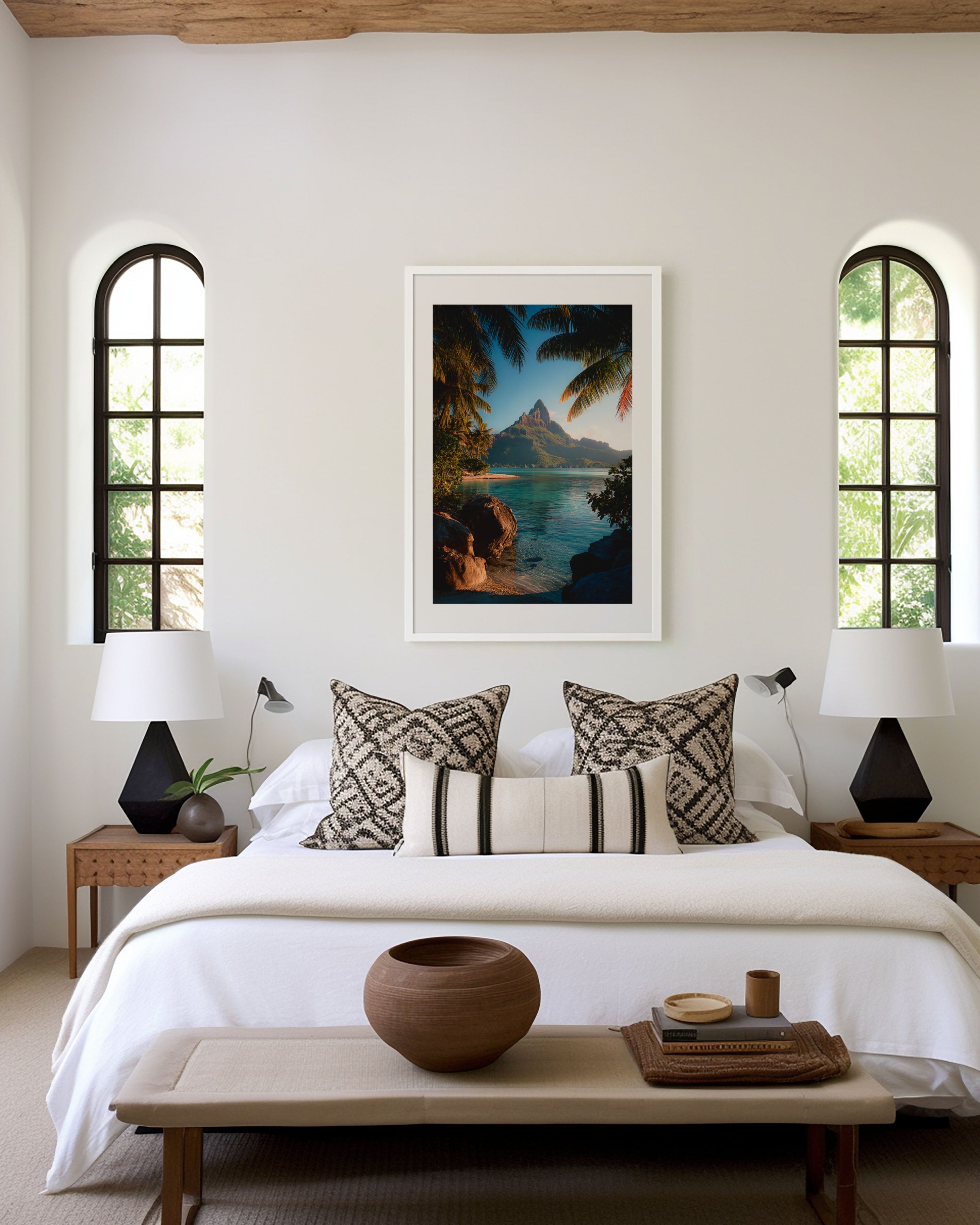 Bora Bora Palm Frame Wall Art Print | Mount Otemanu Lagoon Overwater Bungalow Photography | French Polynesia Tropical Poster | South Pacific Paradise Print | Luxury Home Decor