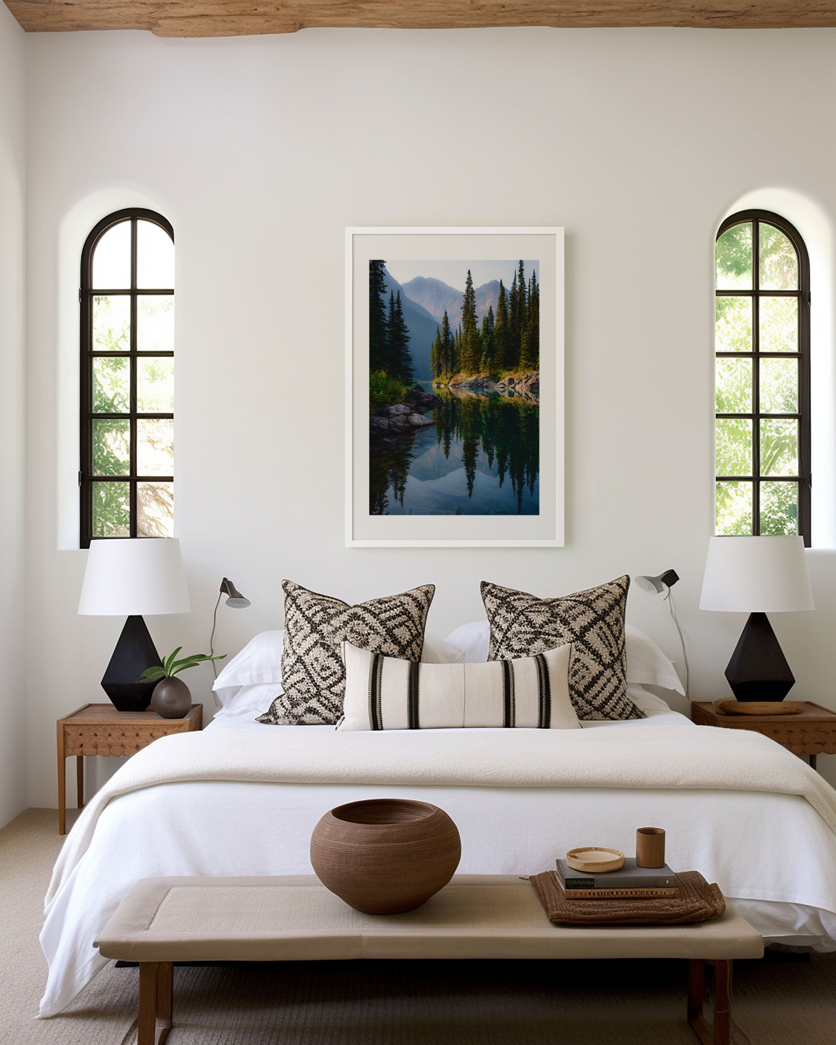 Canadian Rockies Pine Lake Reflection Wall Art Print | Banff Jasper Wilderness Photography | Alpine Forest Mountain Poster