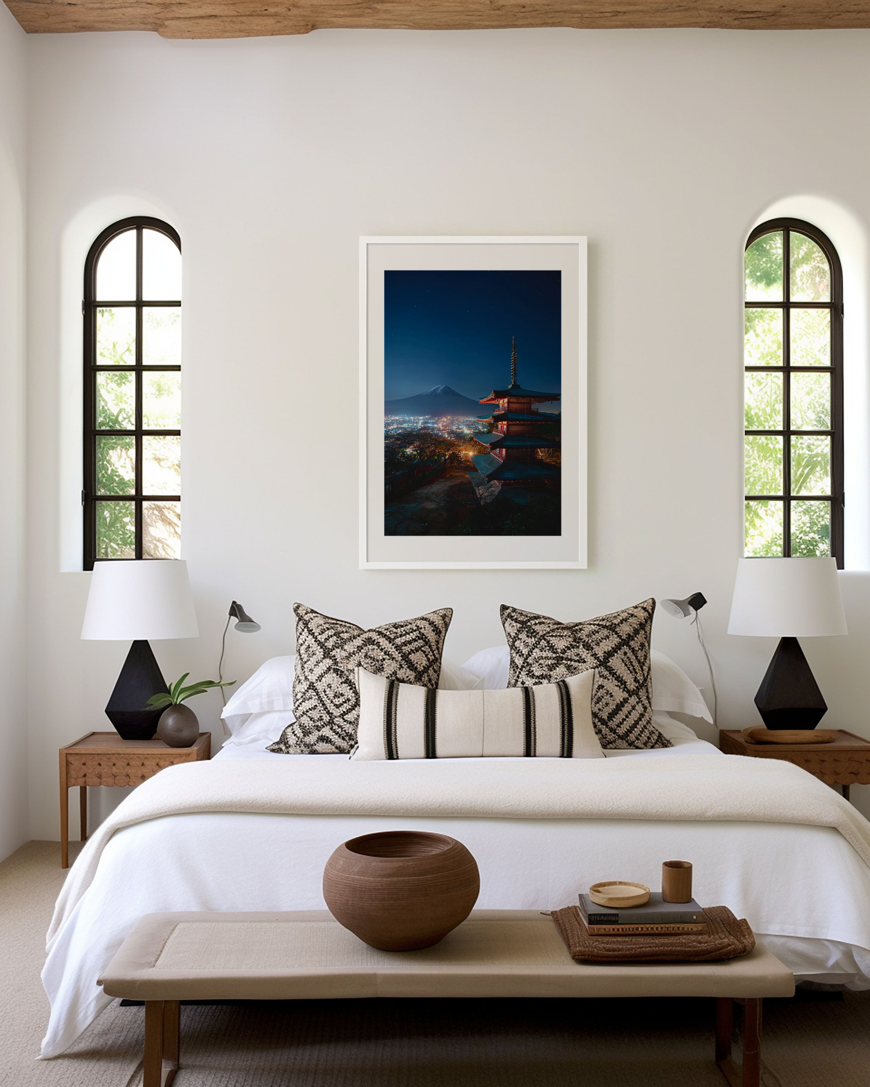 Chureito Pagoda Mount Fuji Night Wall Art Print | Fujiyoshida Japan Photography | Five Storey Pagoda City Lights Poster