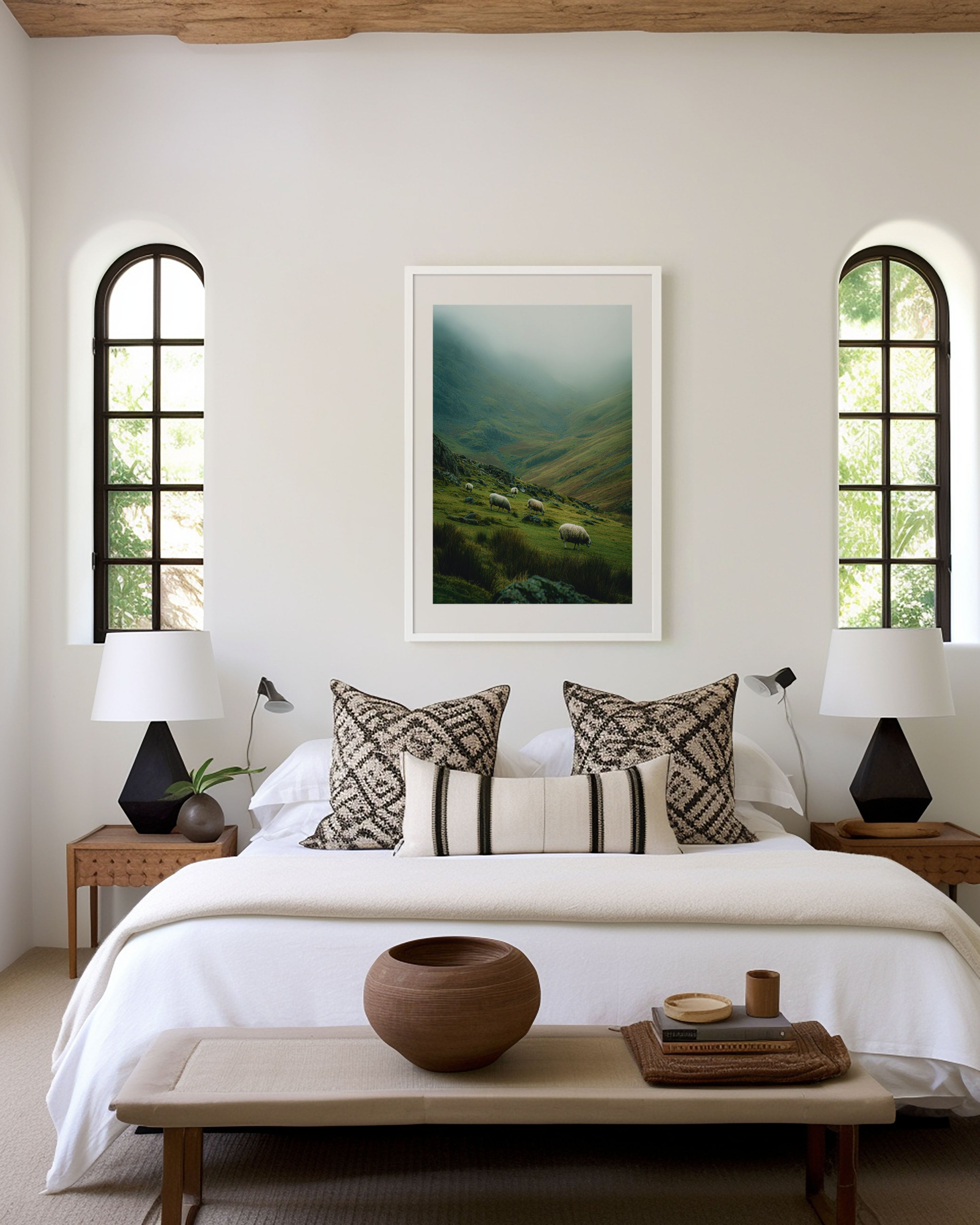 Grazing Sheep Highland Valley Wall Art Print | Ireland Wales Countryside Photography | Misty Green Mountain Pastoral Poster