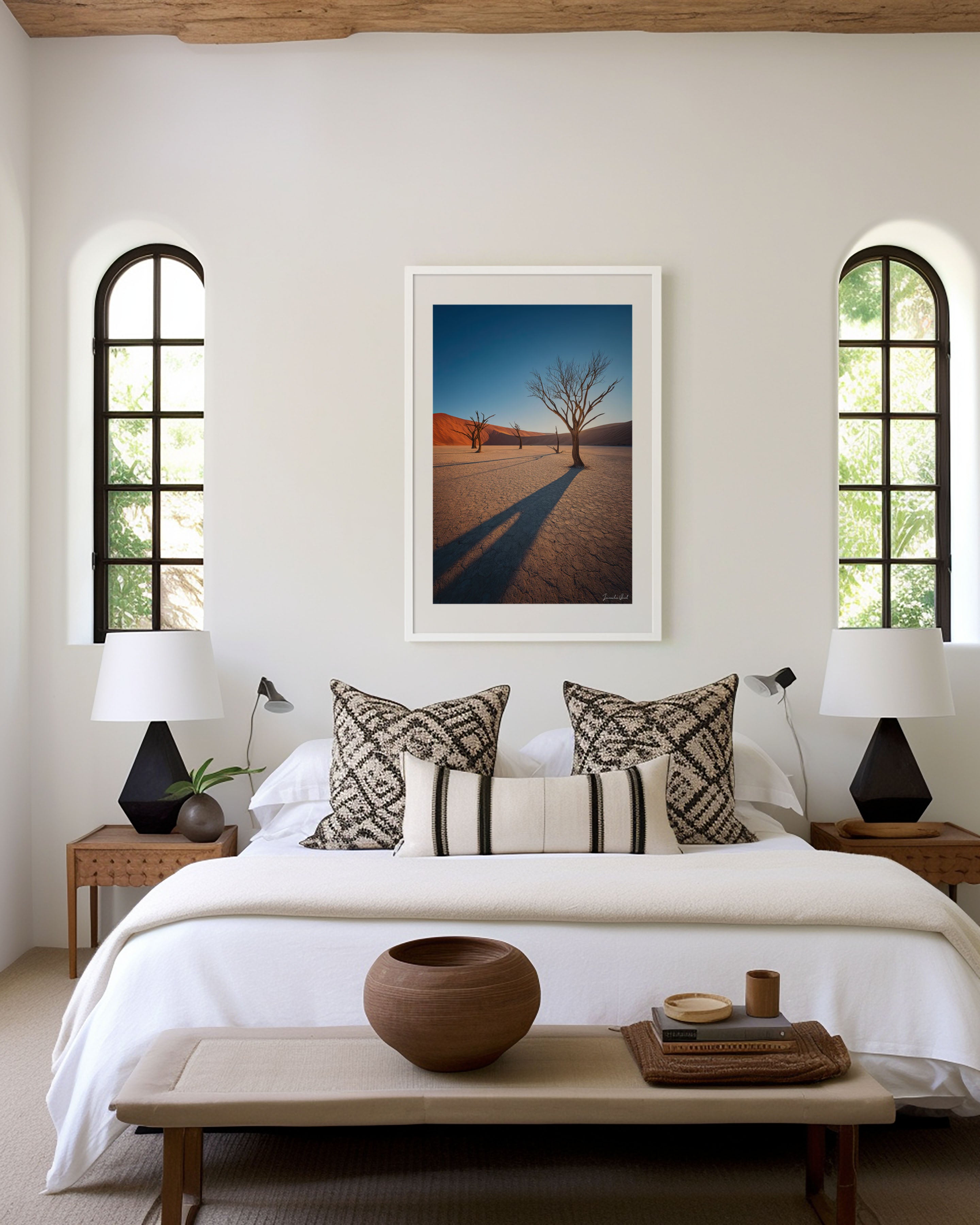 Deadvlei Dead Trees Wall Art Print | Namib Desert Namibia Camel Thorn Clay Pan Photography | Africa Travel Poster | Minimalist Desert Home Decor