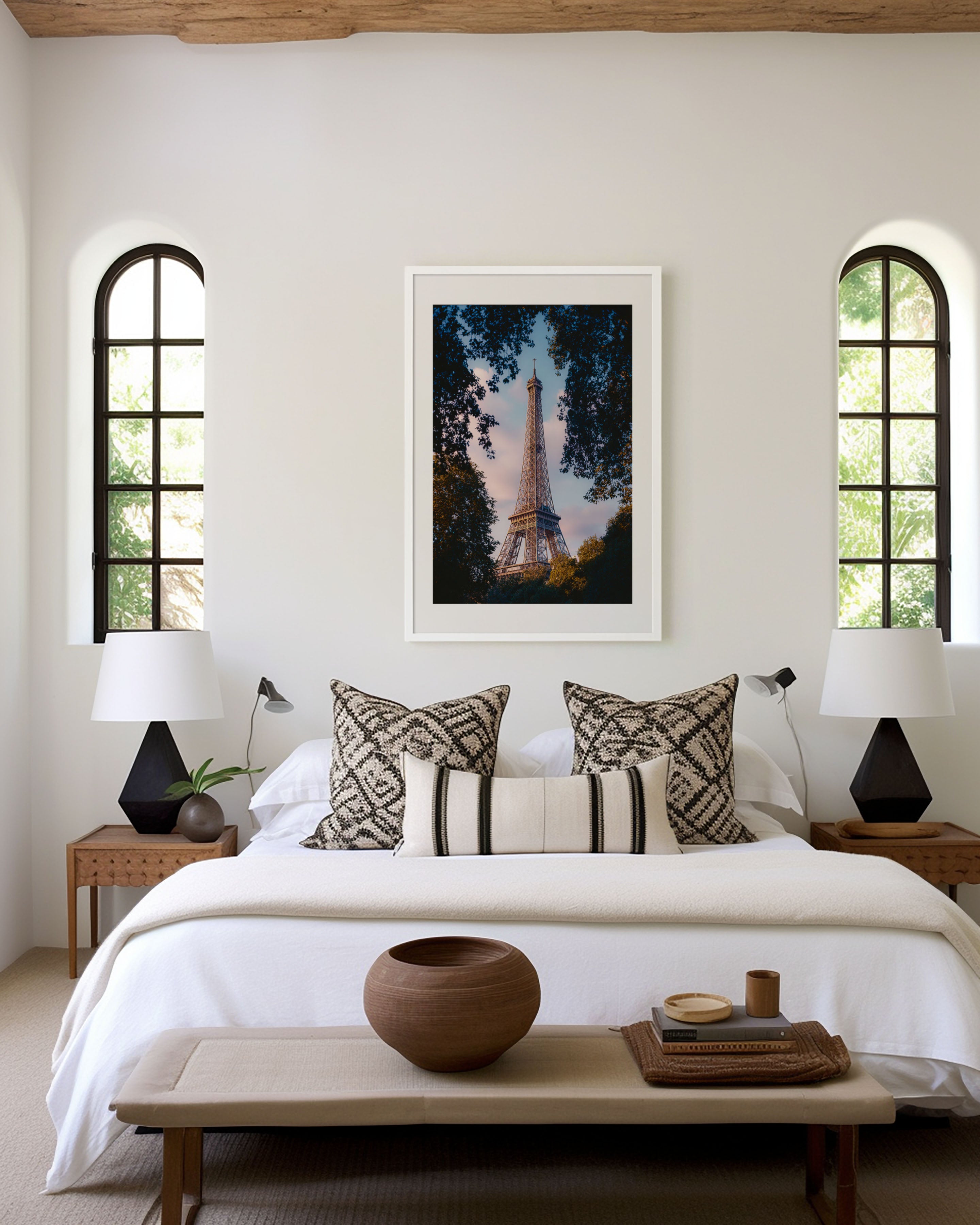 Eiffel Tower Through Trees Wall Art Print | Paris France Champ de Mars Dusk Photography | French Travel Poster | Romantic Parisian Home Decor