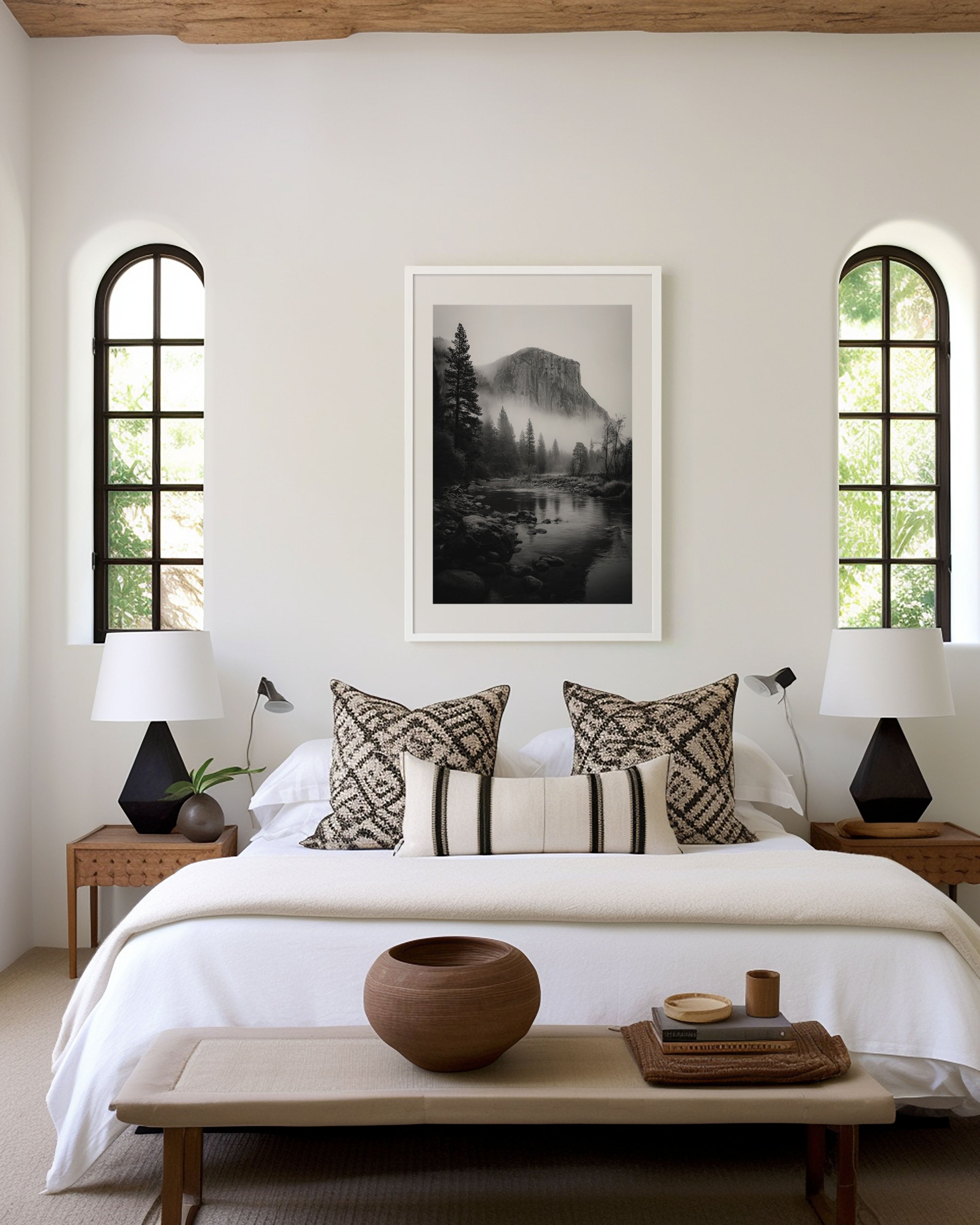 Yosemite El Capitan Mist Wall Art Print | Black & White Merced River Photography | Moody Forest Landscape Poster | California Nature Print | Minimalist Home Decor