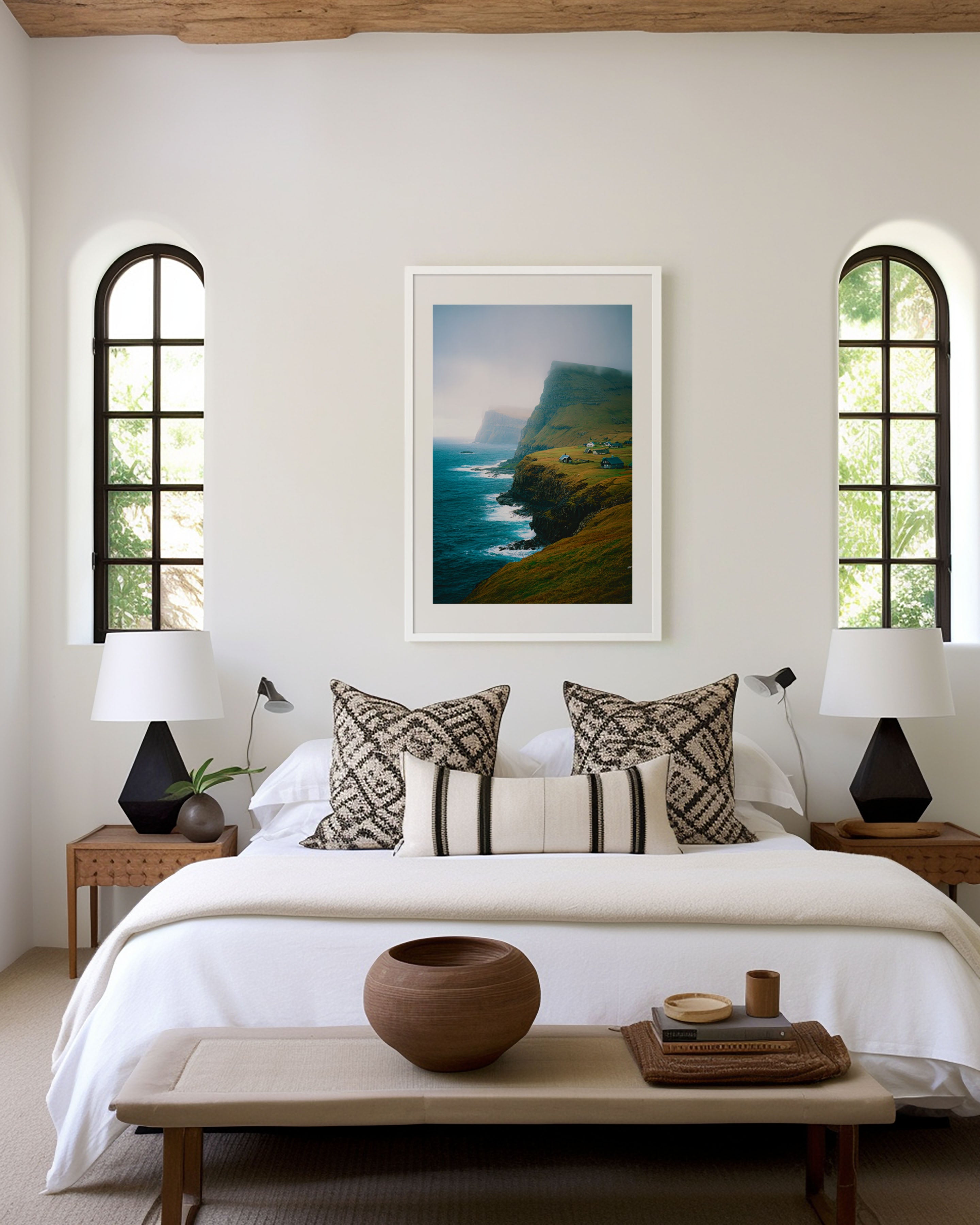 Faroe Islands Coastal Village Wall Art Print | Nordic Cliffside Photography | North Atlantic Landscape Poster | Scandinavian Nature Print | Moody European Home Decor