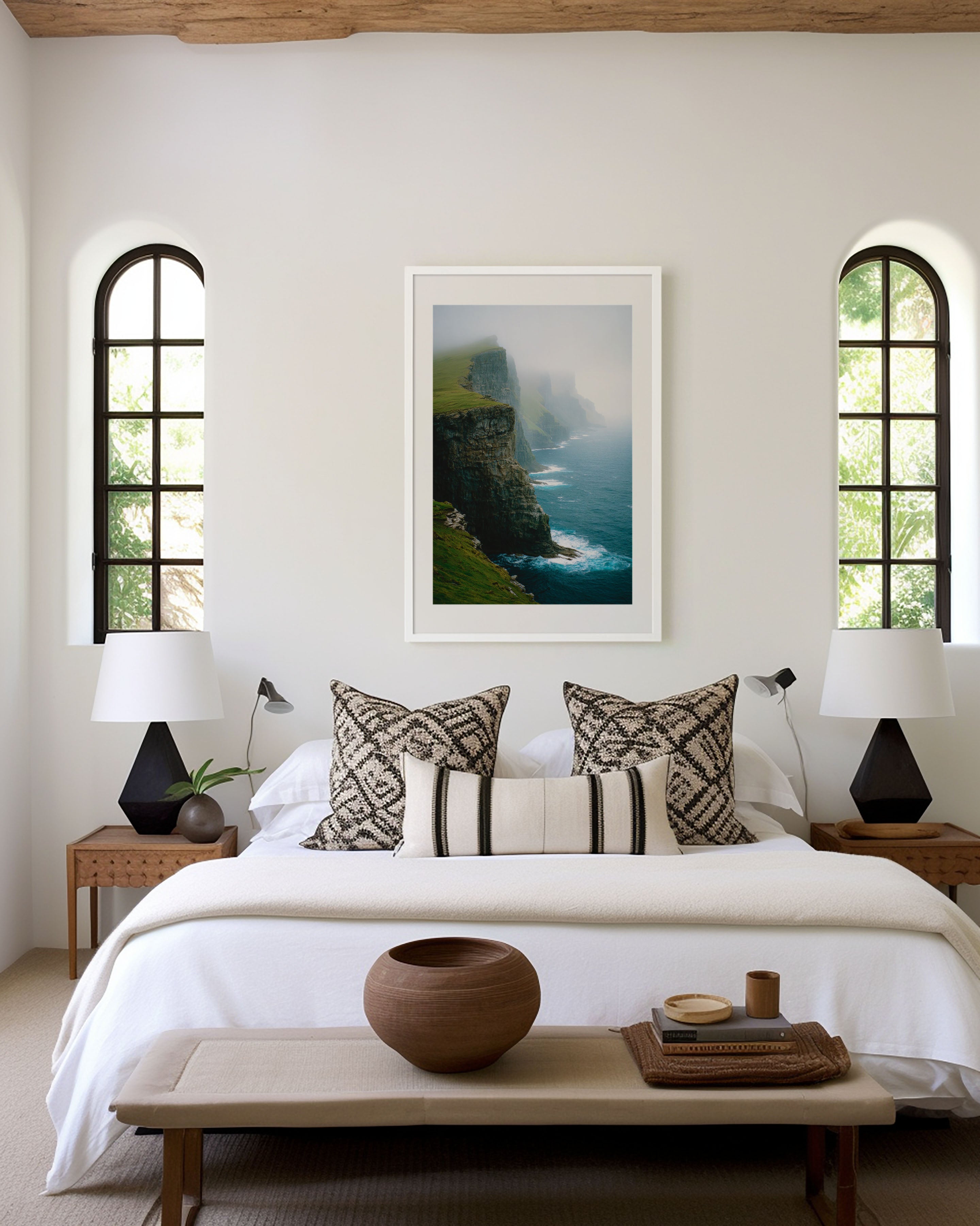 Faroe Islands Sea Cliffs Wall Art Print | North Atlantic Mist Coastline Photography | Nordic Travel Poster | Moody Dramatic Nature Home Decor