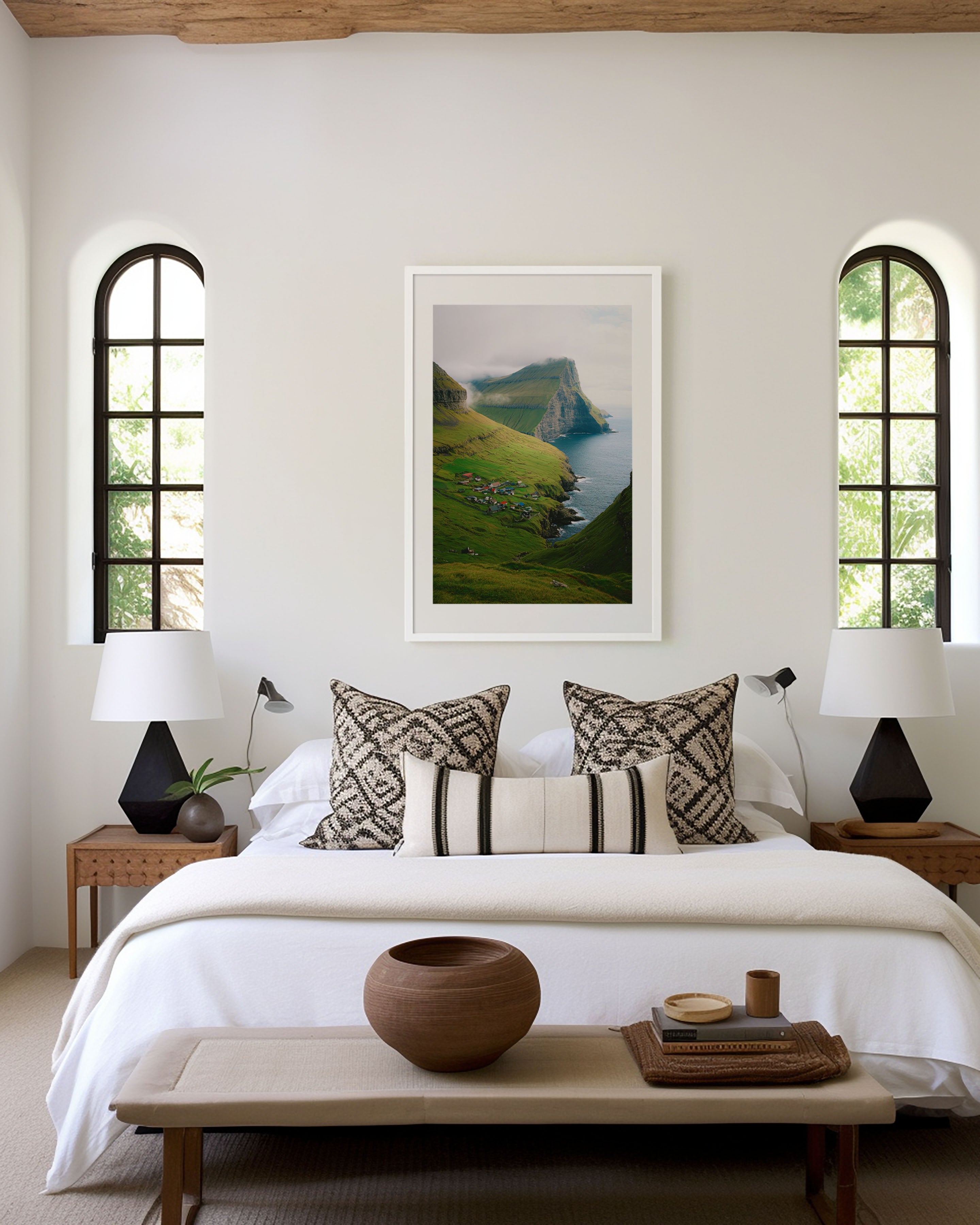 Faroe Islands Kallur Village Wall Art Print | Nordic Coastal Settlement Photography | North Atlantic Green Cliffs Landscape Poster | Scandinavian Nature Print | Hygge Home Decor