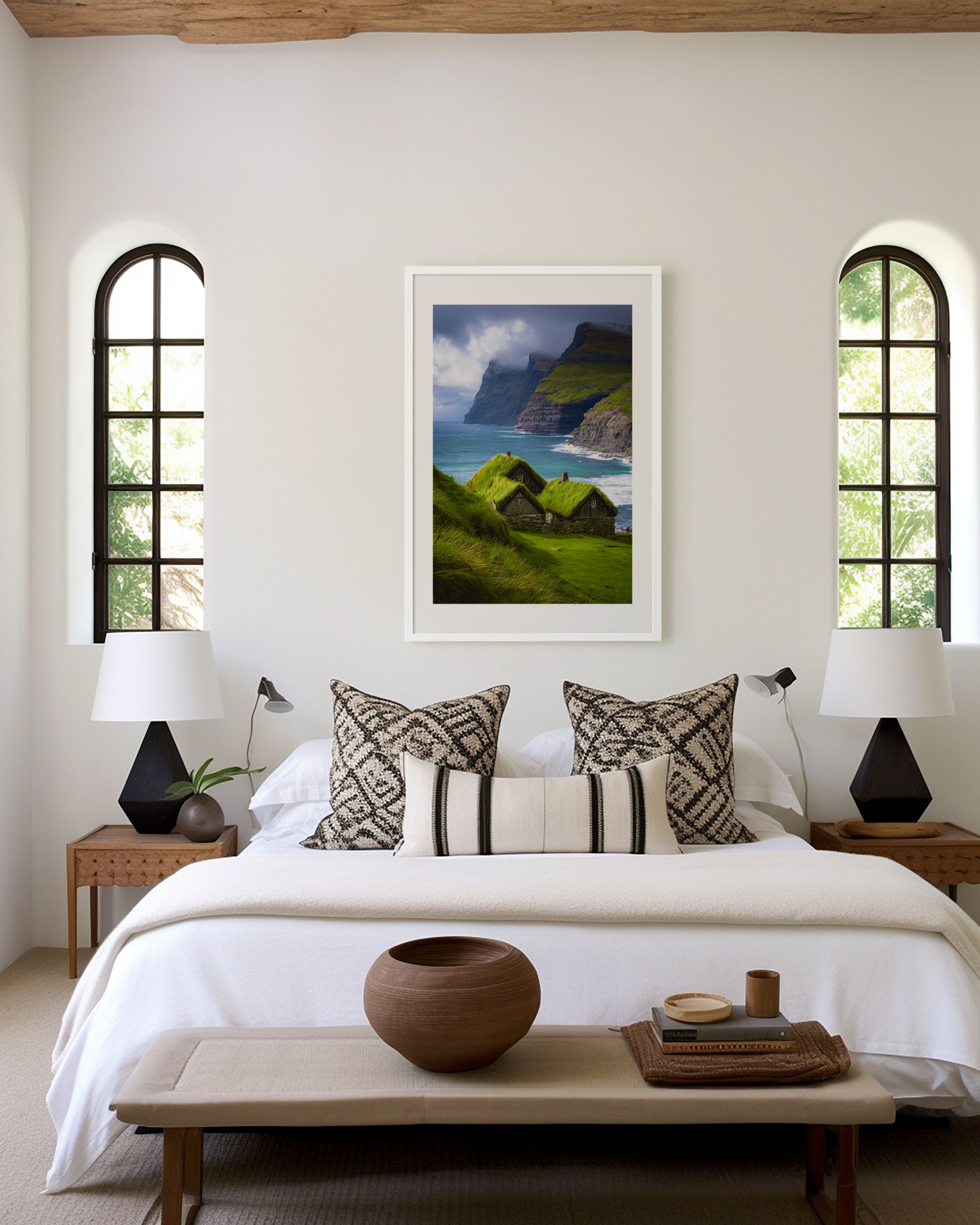 Faroe Islands Grass Roof Cottages Print | Nordic Coastal Wall Art | Dramatic Cliffside Landscape Photography Poster