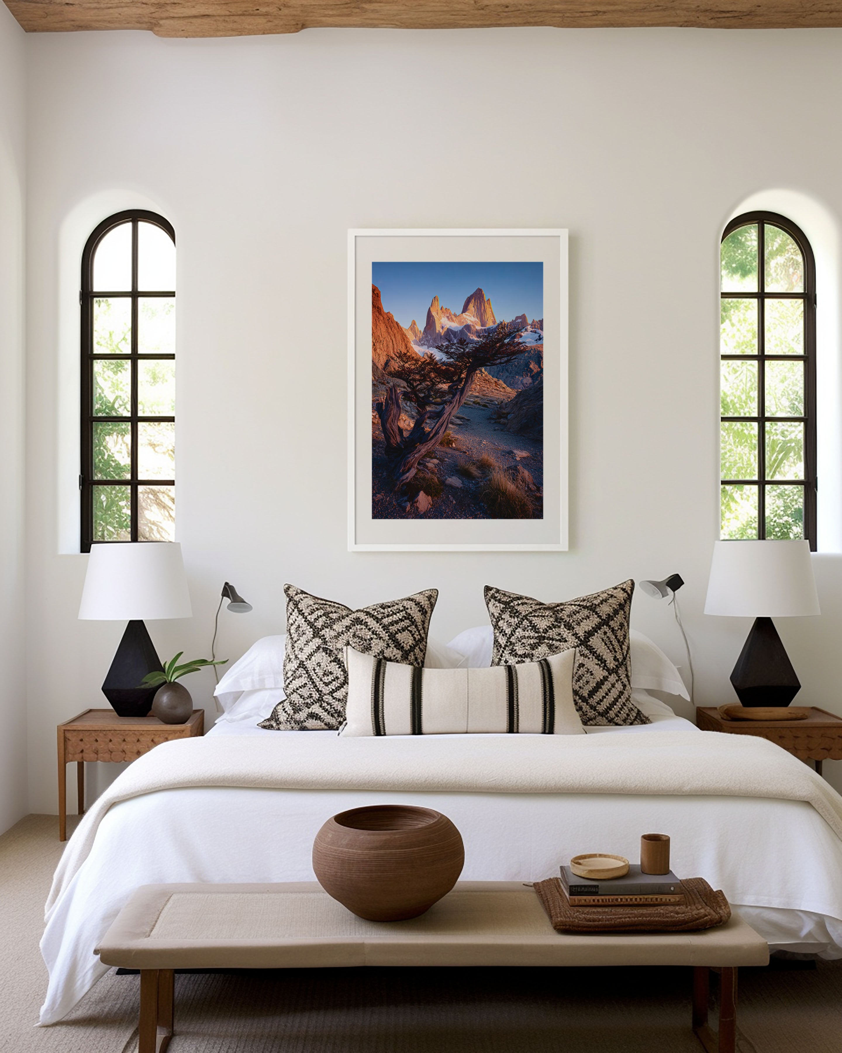Fitz Roy Twisted Tree Sunrise Wall Art Print | Patagonia Argentina Photography | El Chaltén Rocky Trail Alpenglow Poster