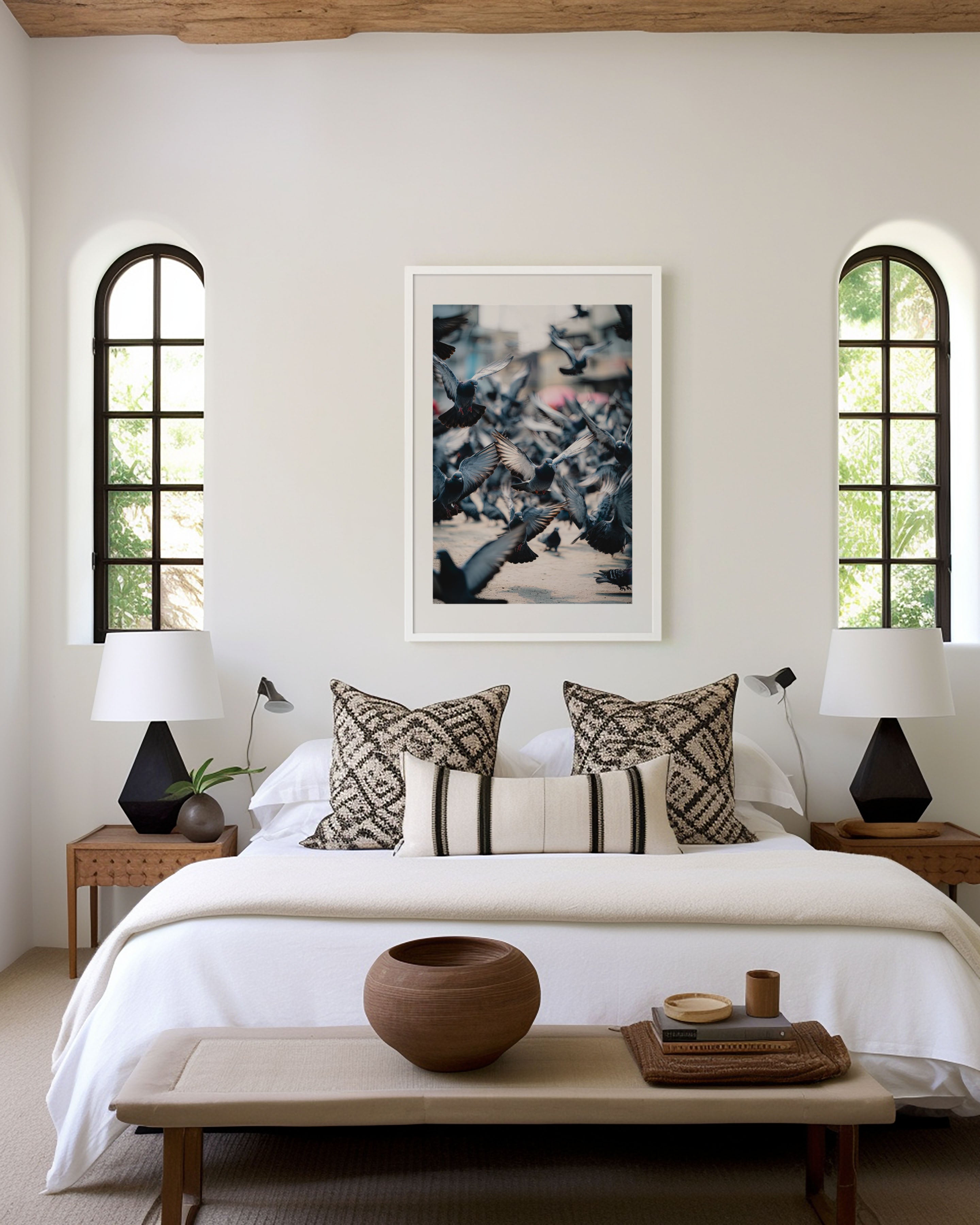 Pigeons Mid-Flight City Square Wall Art Print | Urban Street Photography | Contemporary Bird Nature Home Decor