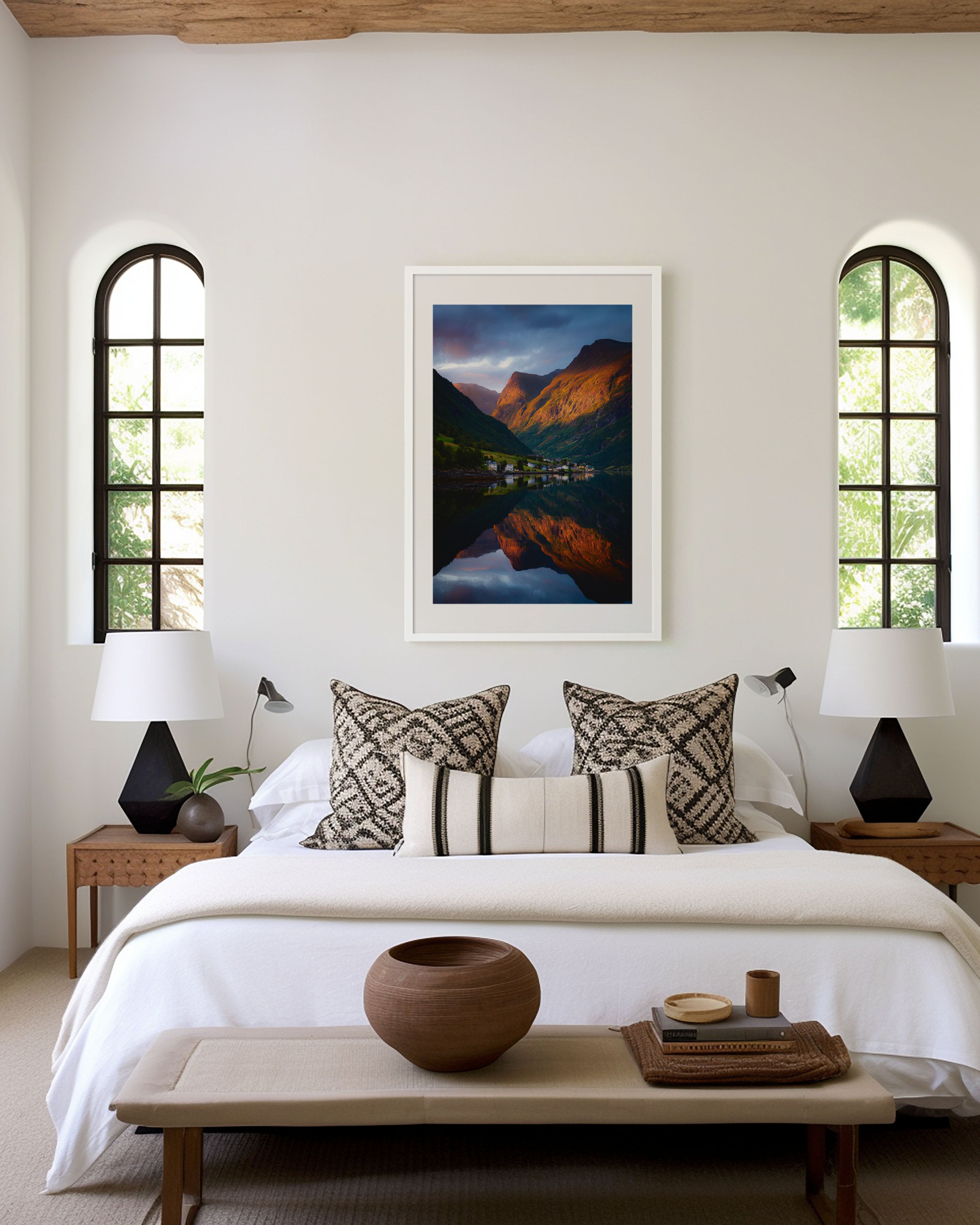Geirangerfjord Golden Hour Village Reflection Wall Art | Norway Fjord Mountain Landscape Print | Scandinavia Travel Photography