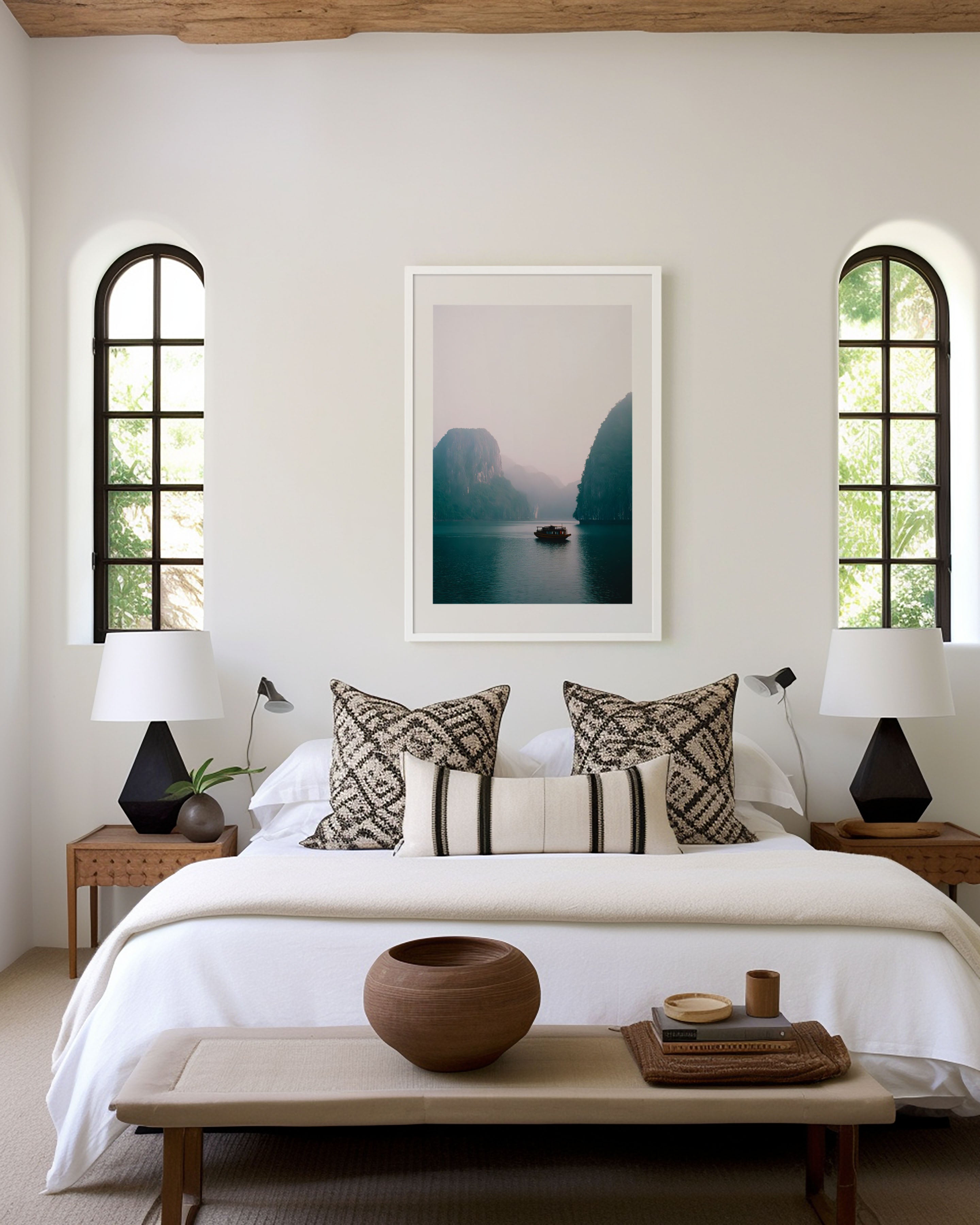 Ha Long Bay Misty Morning Wall Art Print | Vietnam Lone Boat Karst Photography | Foggy Limestone Islands Landscape Poster | Southeast Asia Travel Print | Minimalist Home Decor