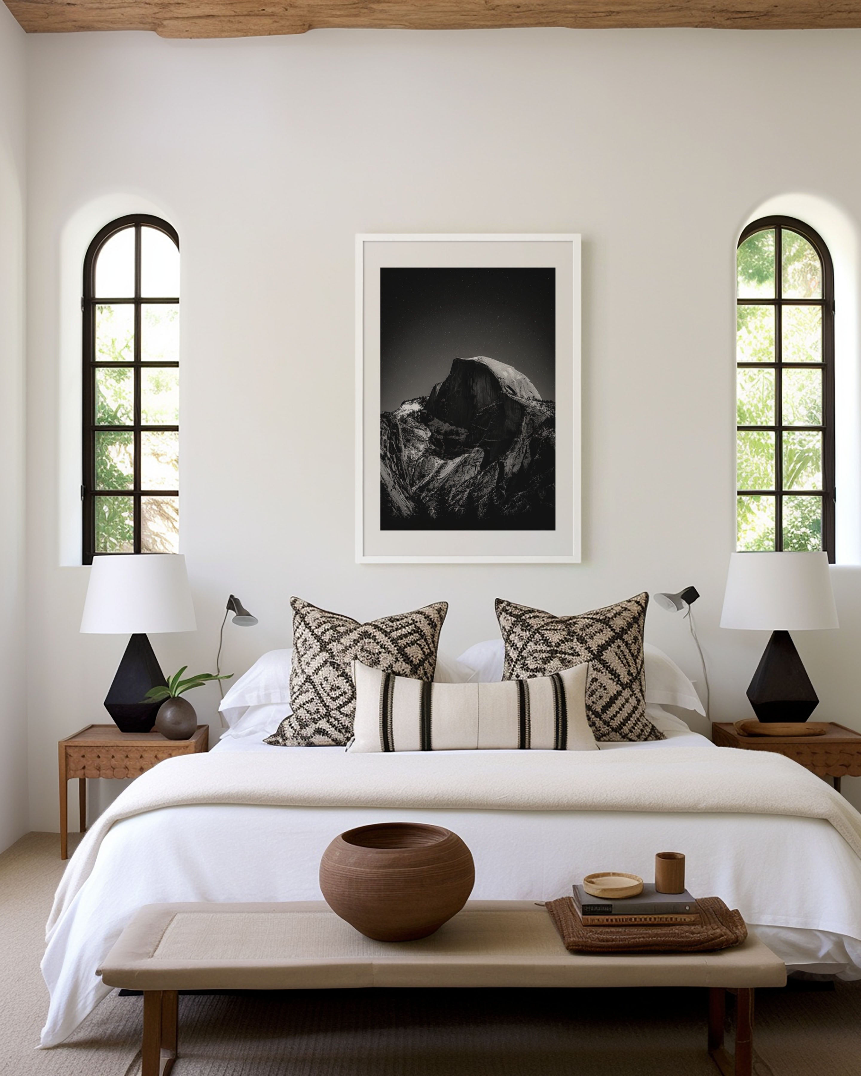 Yosemite Half Dome Night Wall Art Print | Black & White Starry Sky Photography | Yosemite National Park Poster | Moonlit Mountain Print | Dark Moody Home Decor