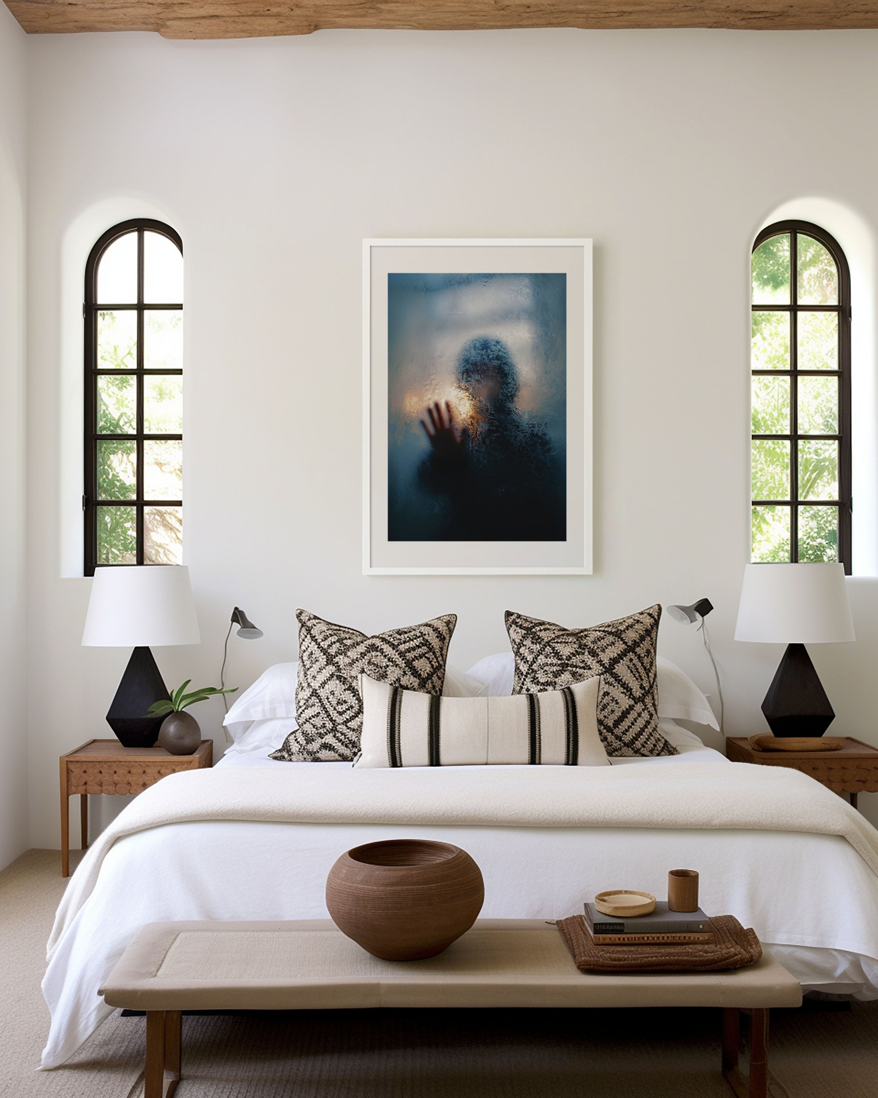 Hooded Figure Frosted Glass Warm Backlight Wall Art Print | Dark Moody Fine Art Photography | Contemporary Home Decor