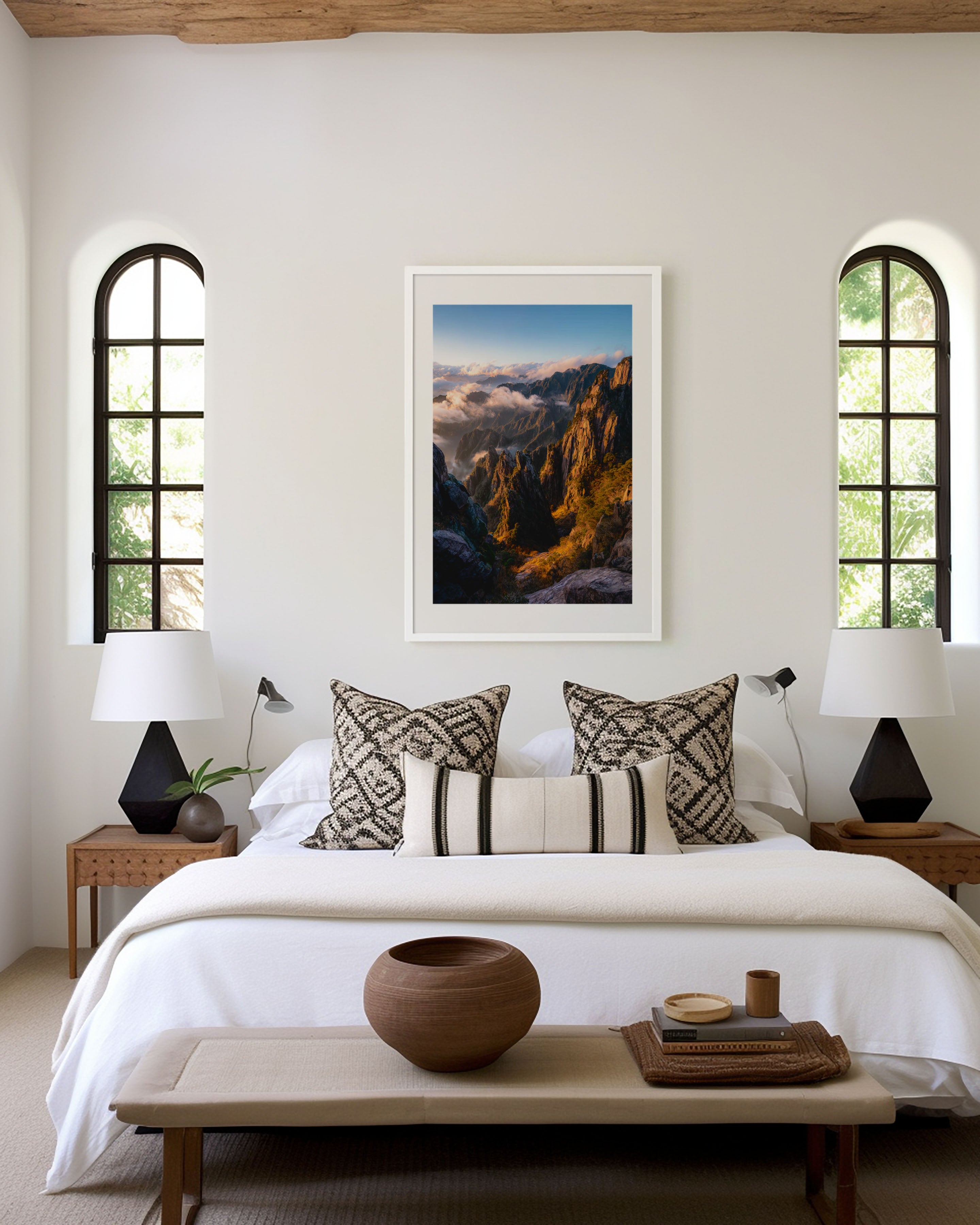 Huangshan Yellow Mountains Golden Hour Wall Art | China Sea of Clouds Dramatic Peak Print | Asia Travel Photography