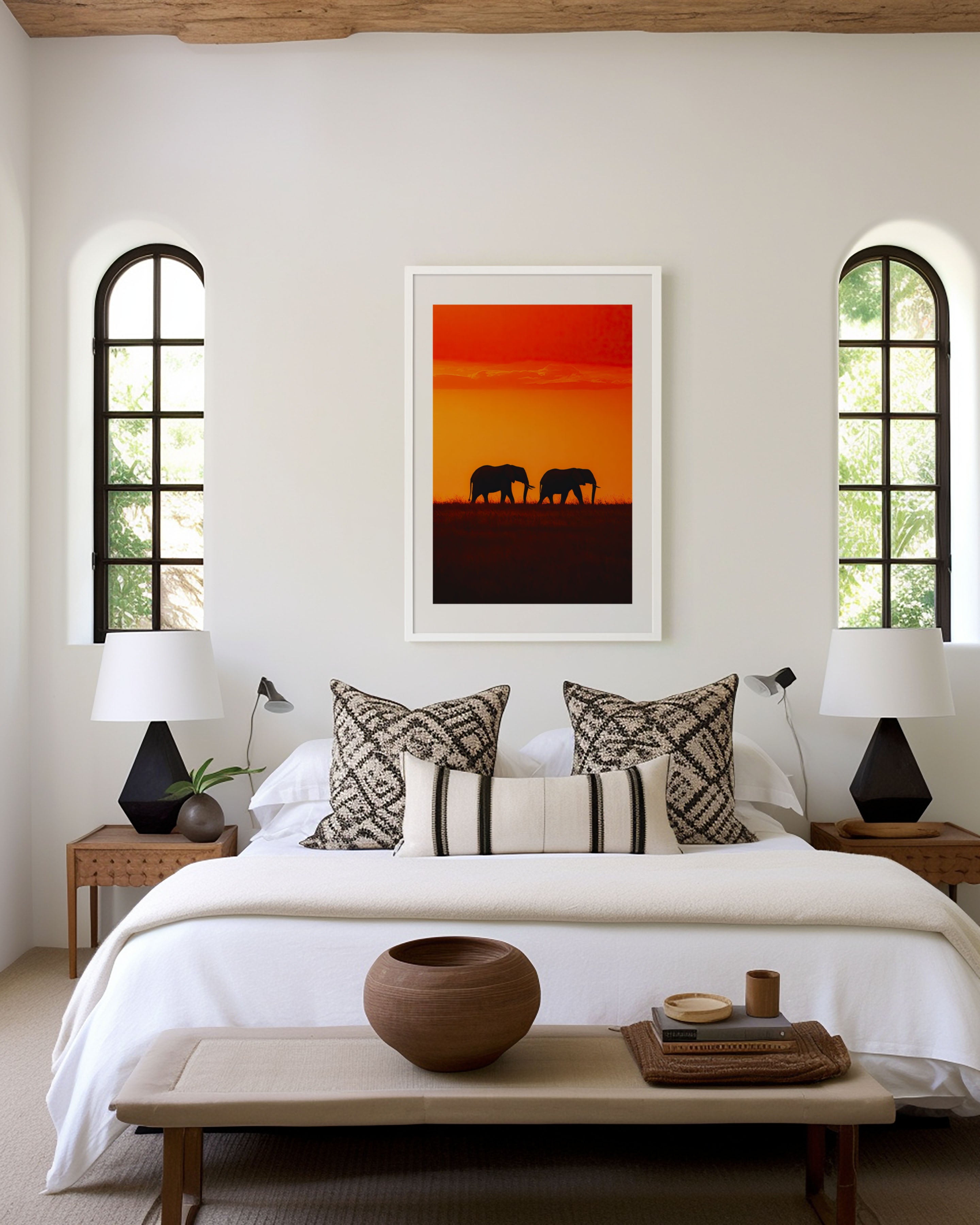 Kenya Elephant Duo Silhouette Red Sunset Wall Art Print | African Safari Wildlife Photography Poster | Savanna Nature Decor