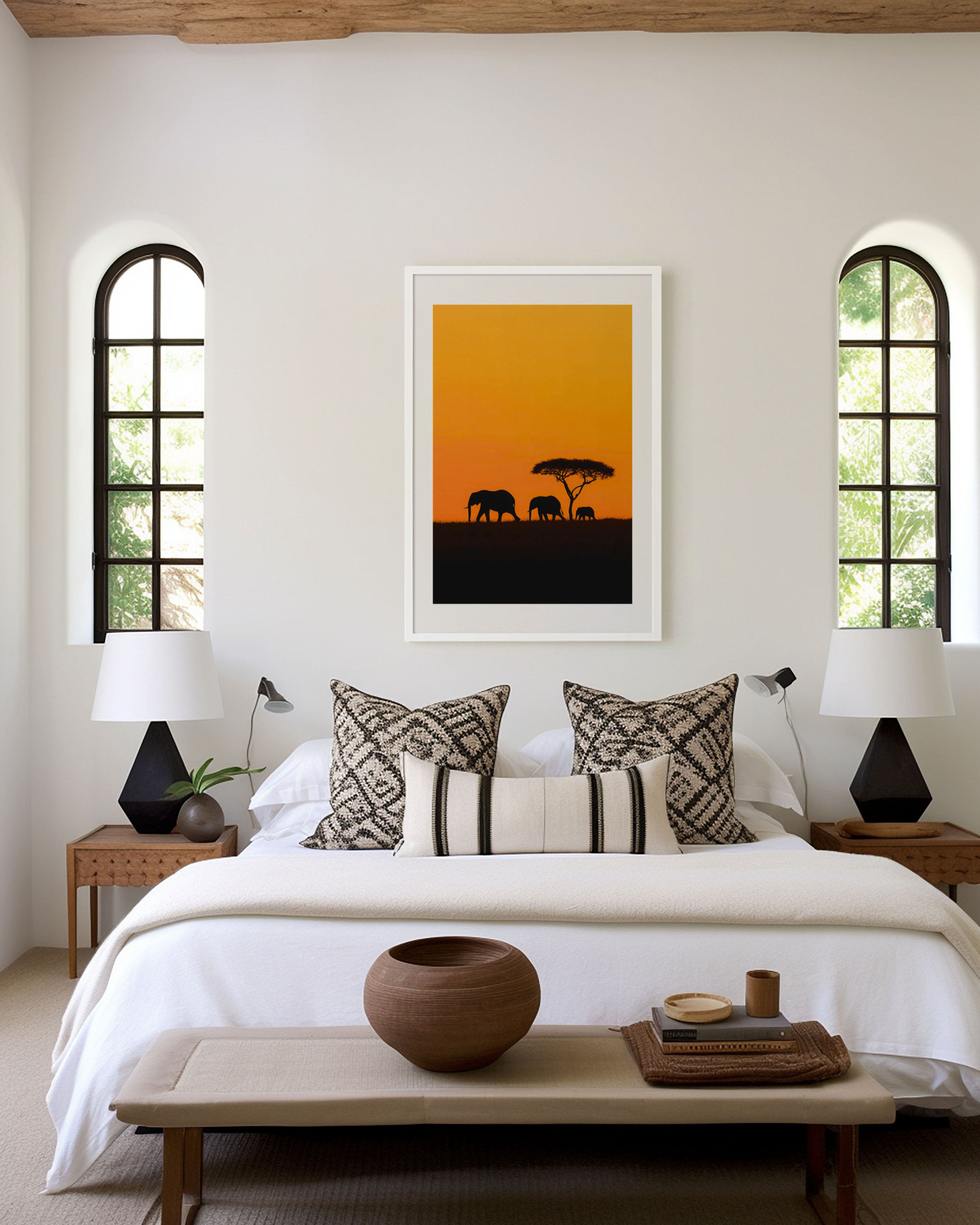 Kenya Elephant Family Silhouette Orange Sunset Wall Art Print | African Safari Wildlife Photography Poster | Savanna Nature Decor