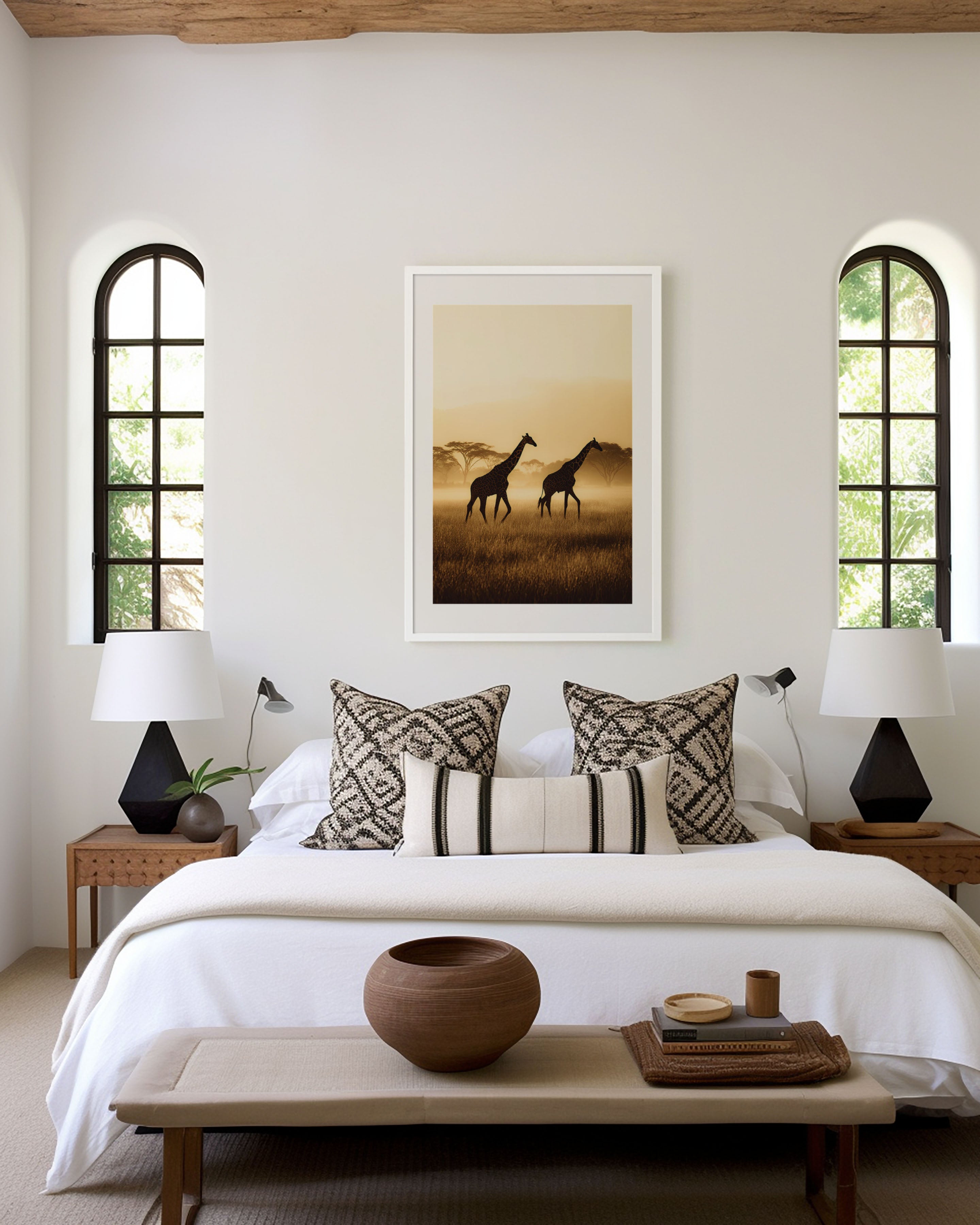 Kenya Giraffe Pair Golden Savannah Morning Mist Wall Art Print | African Wildlife Photography Poster | Safari Nature Decor