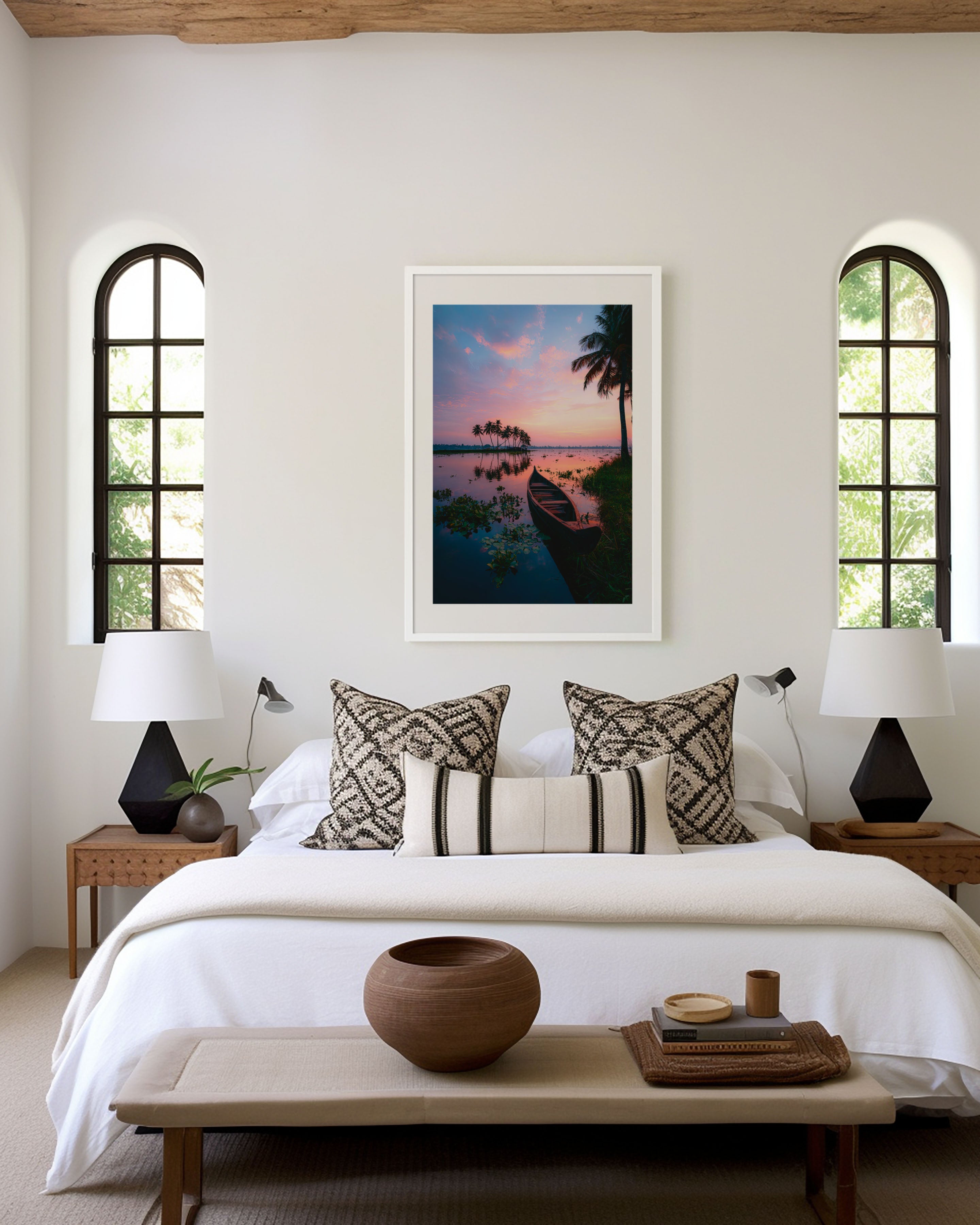 Kerala Backwaters Wooden Boat Pink Sunset Wall Art Print | India Travel Photography Poster | Tropical Waterway Nature Decor